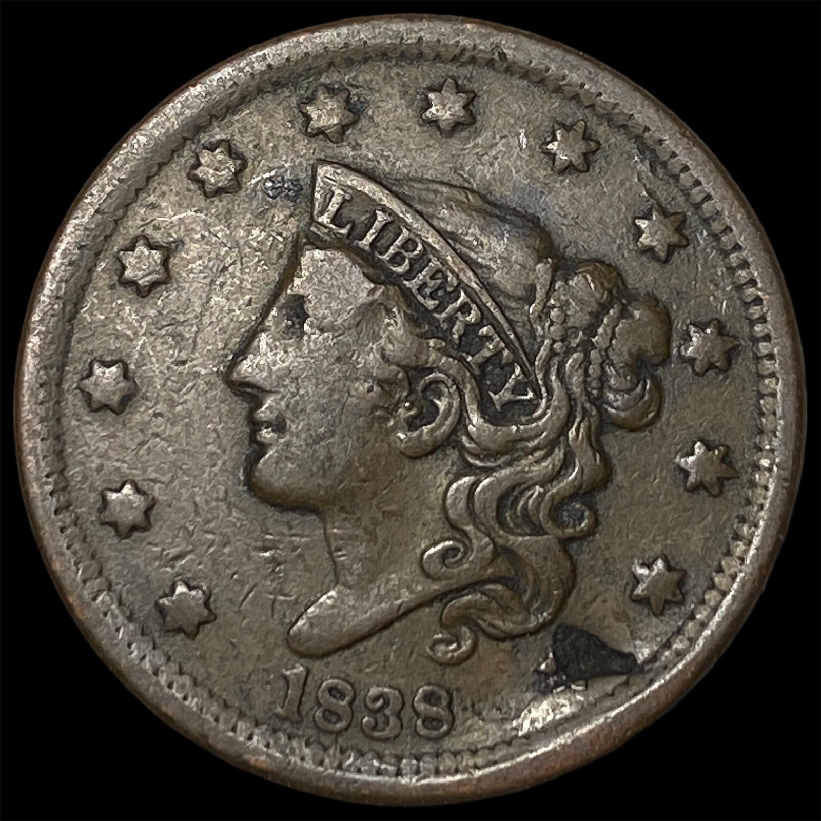 1838 Coronet Head Large Cent LIGHTLY CIRCULATED: 1838 Coronet Head Large Cent LIGHTLY CIRCULATED