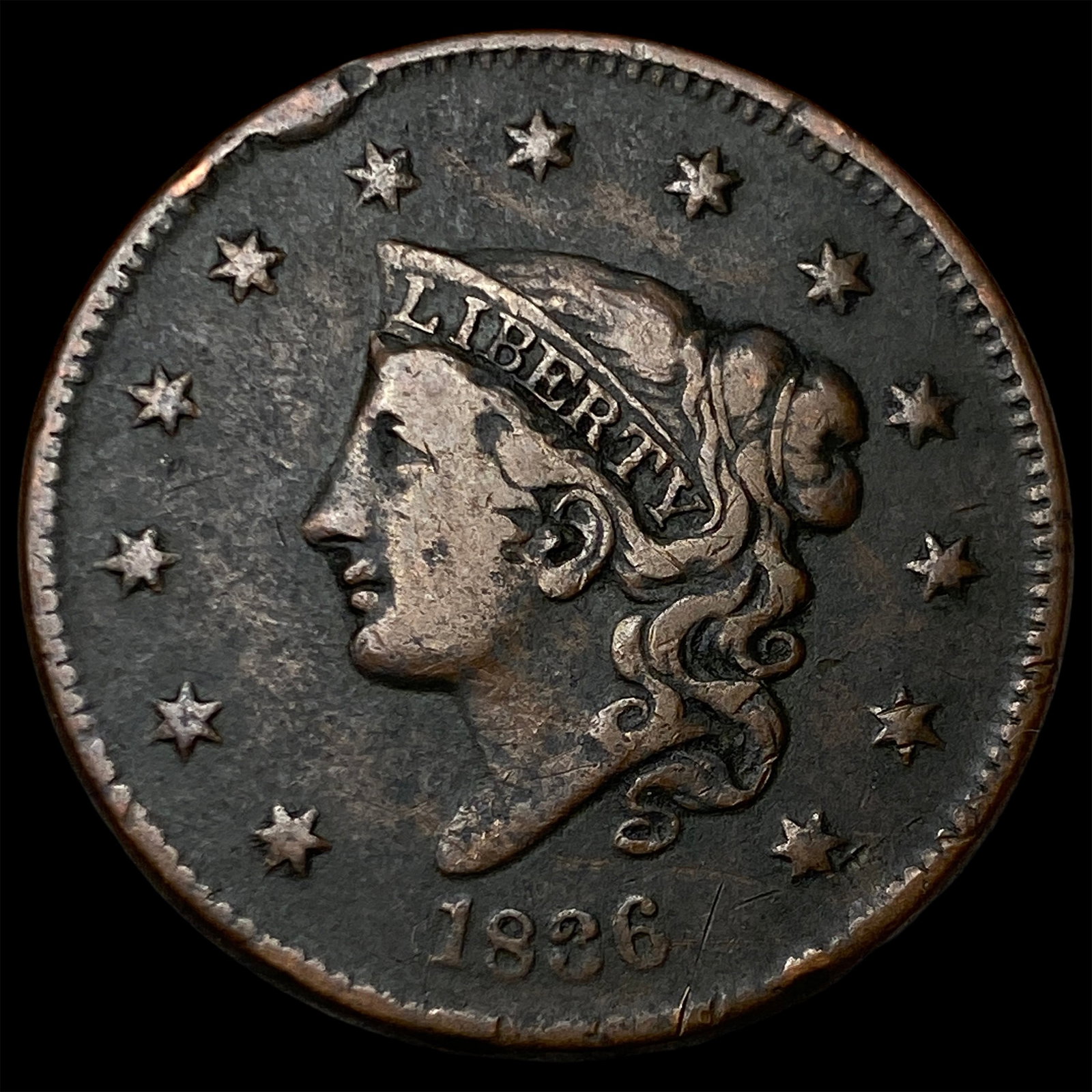 1836 Coronet Head Large Cent ABOUT UNCIRCULATED