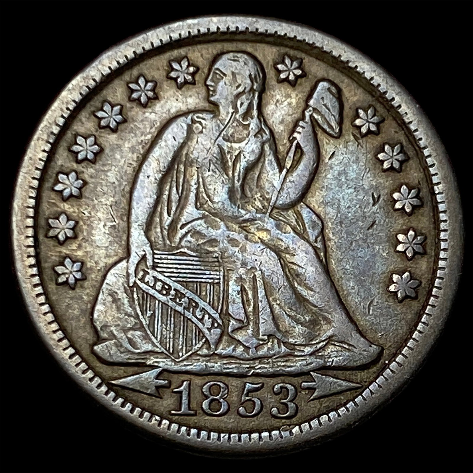 1853 Arrows Seated Liberty Dime NEARLY UNCIRCULATED