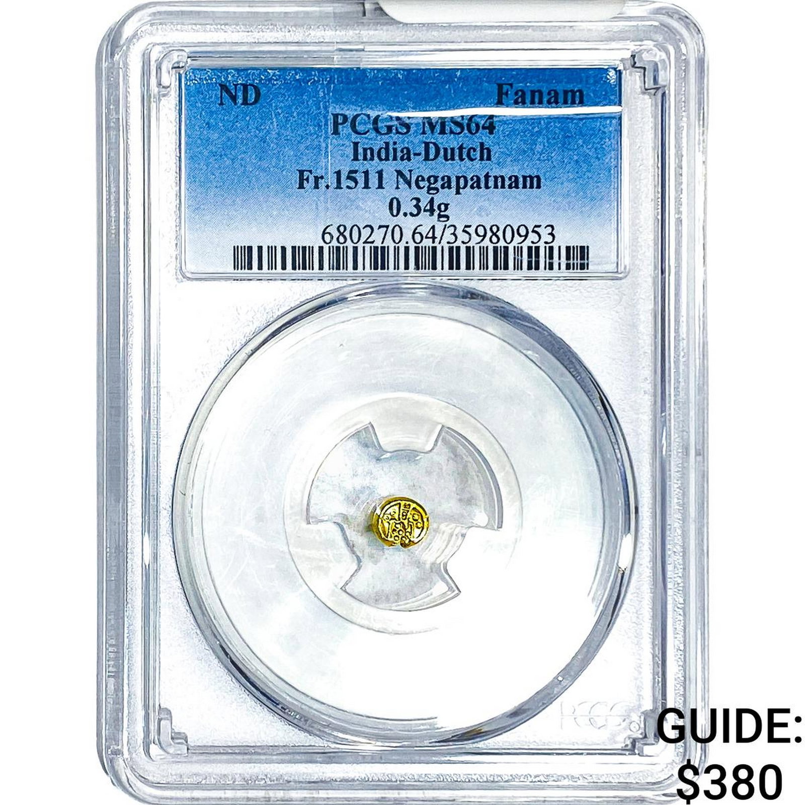 India-Dutch Gold .34g Fanam Fr.1517 Tuticorin PCGS: India-Dutch Gold .34g Fanam Fr.1517 Tuticorin PCGS