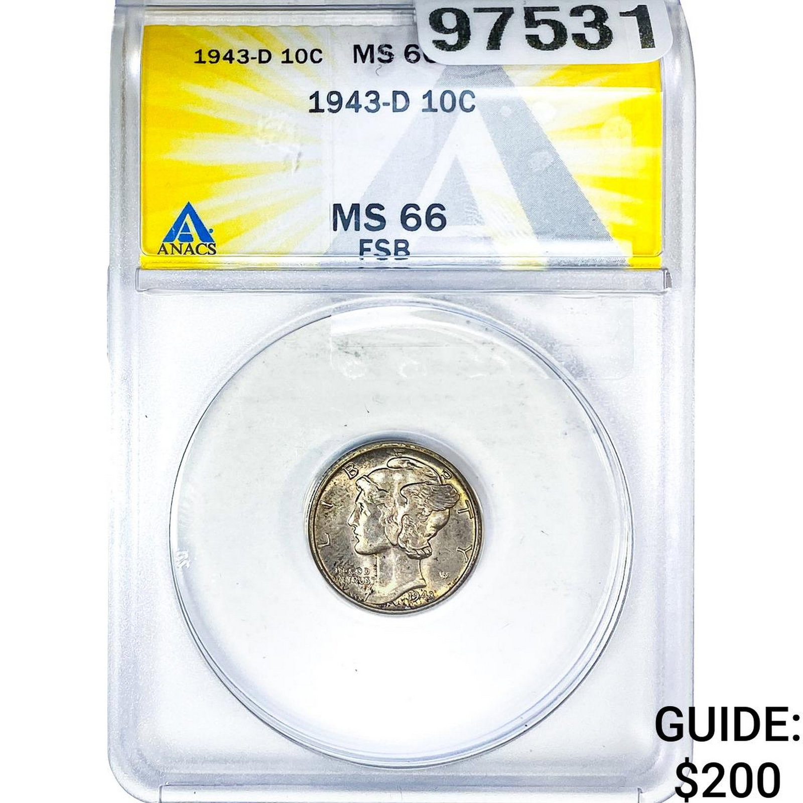 1943-D Mercury Silver Dime ANACS MS66 FSB: 1943-D Mercury Silver Dime ANACS MS66 FSB