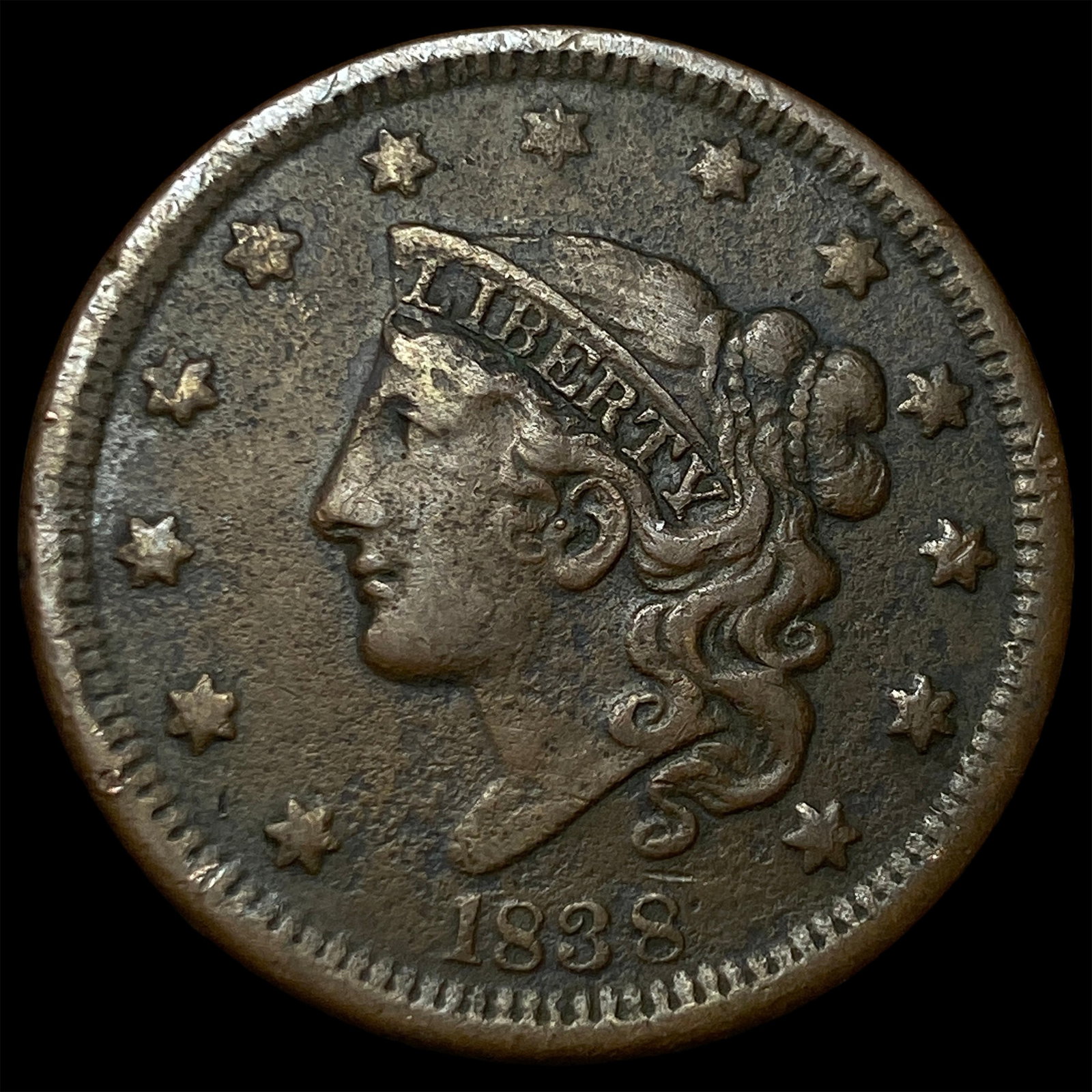 1838 Coronet Head Large Cent NEARLY UNCIRCULATED: 1838 Coronet Head Large Cent NEARLY UNCIRCULATED