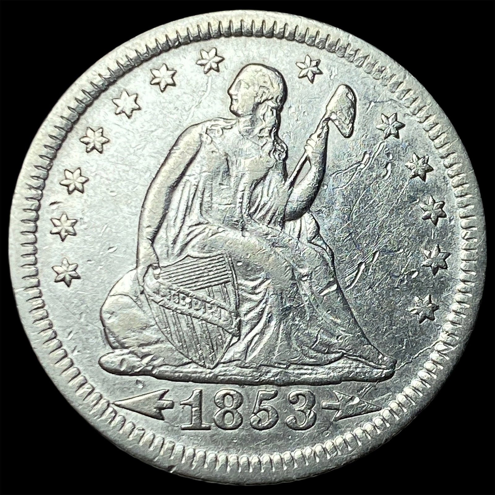 1853 Arrows/Rays Seated Liberty Silver Quarter CLOSELY UNCIRCULATED: 1853 Arrows/Rays Seated Liberty Silver Quarter CLOSELY UNCIRCULATED