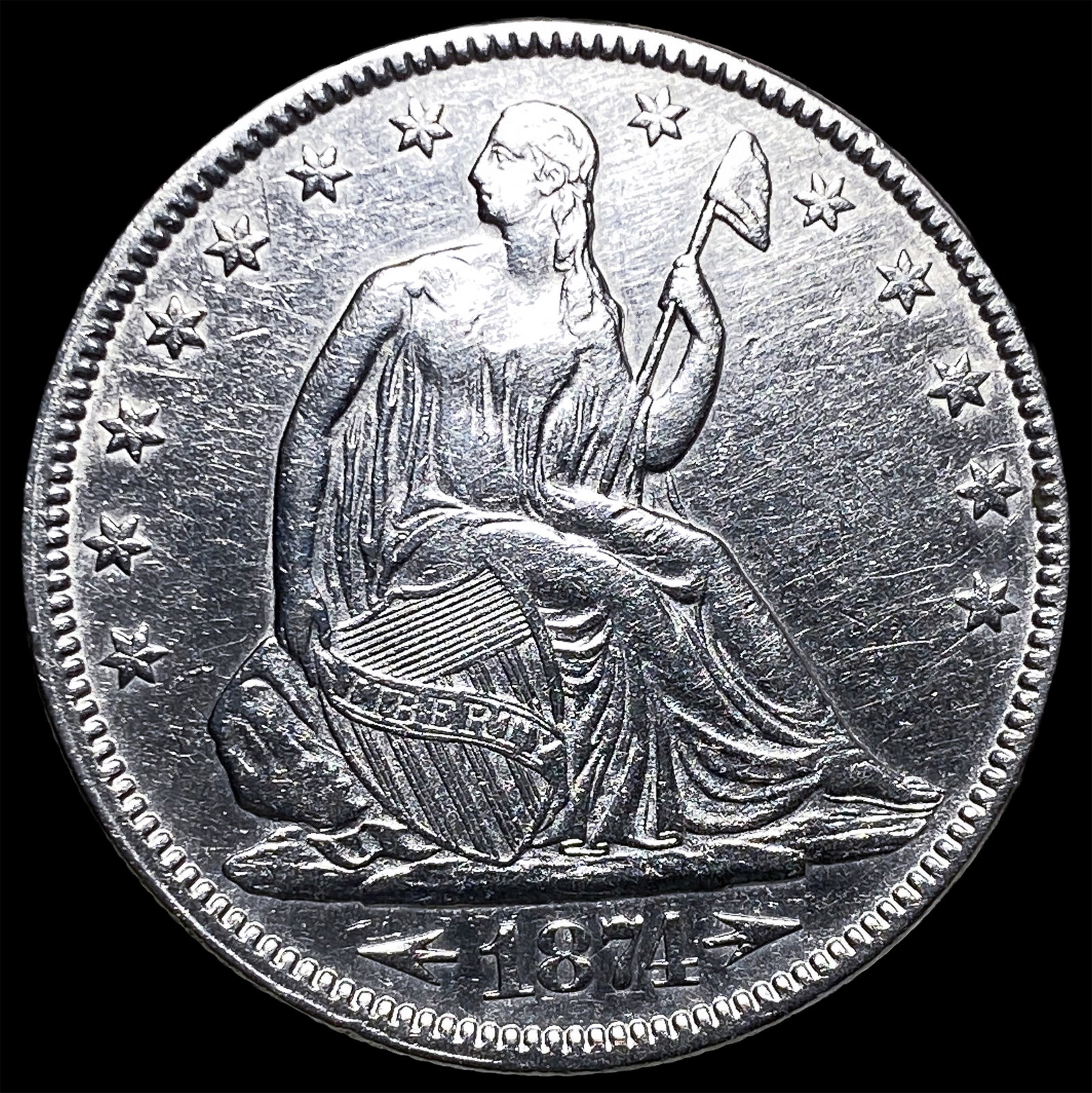 1874 Seated Liberty Half Dollar CLOSELY UNCIRCULATED: 1874 Seated Liberty Half Dollar CLOSELY UNCIRCULATED