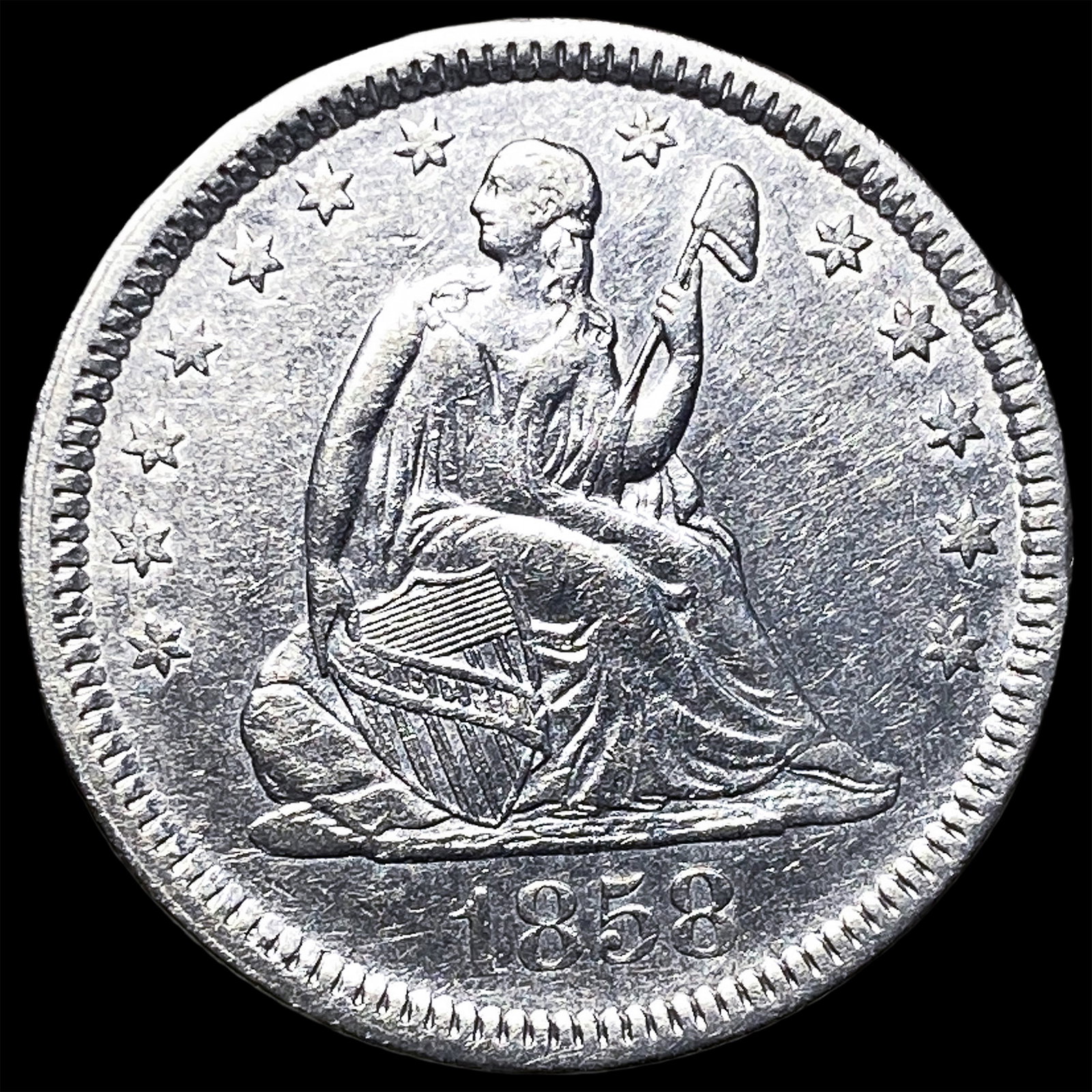 1858 Silver Seated Liberty Quarter CLOSELY UNCIRCULATED: 1858 Silver Seated Liberty Quarter CLOSELY UNCIRCULATED