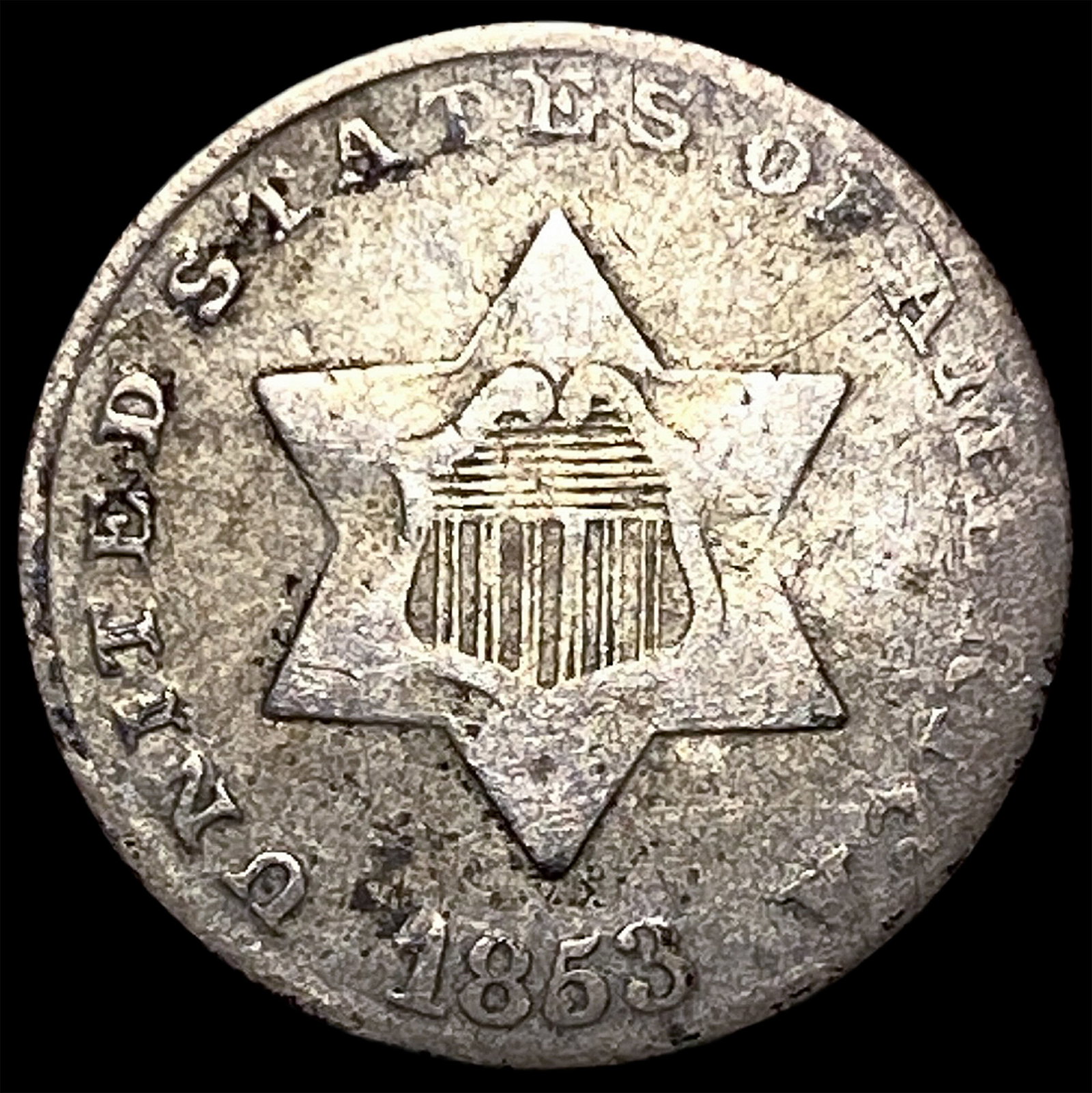 1853 Silver Three-Cent Piece ABOUT UNCIRCULATED: 1853 Silver Three-Cent Piece ABOUT UNCIRCULATED