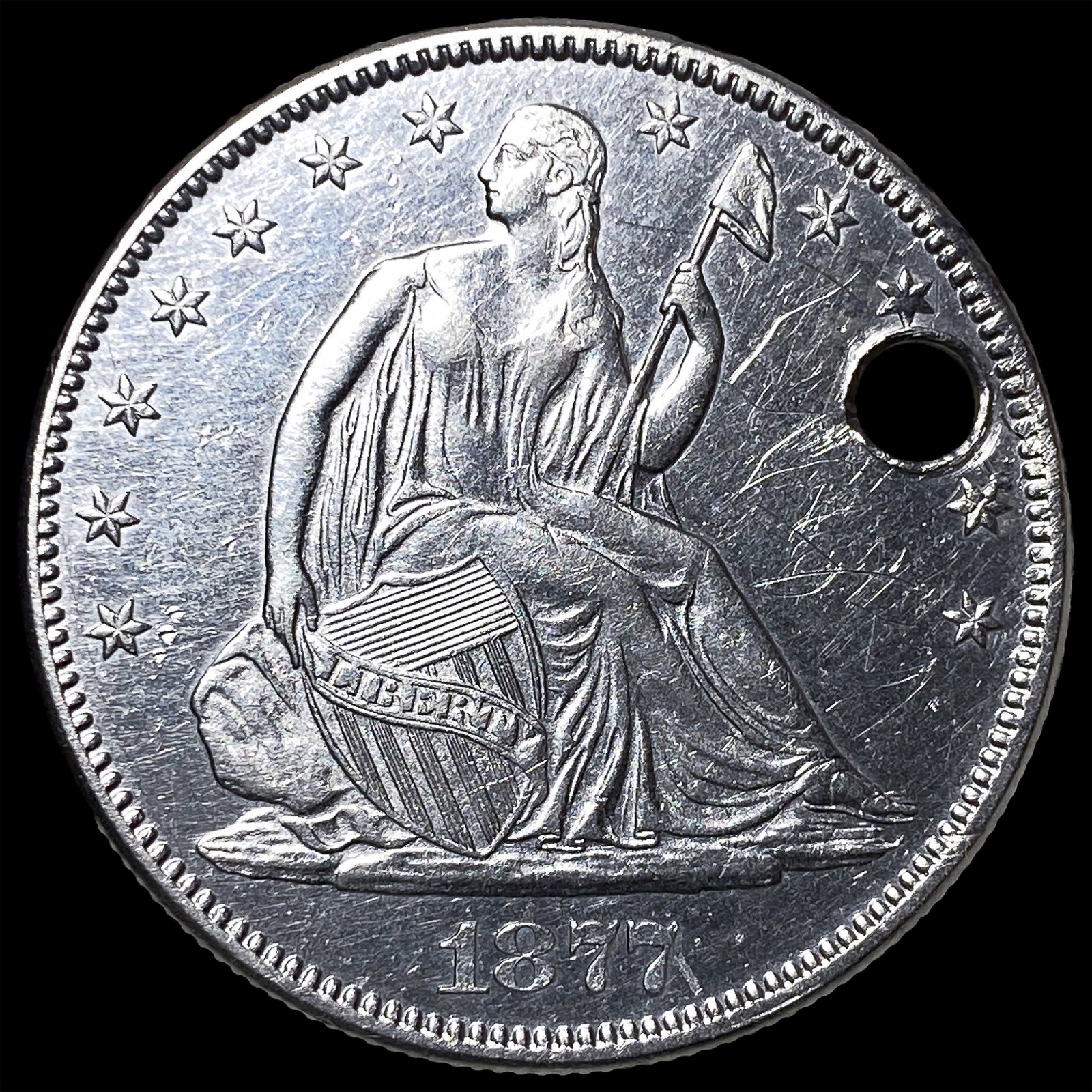 1877 Seated Liberty Half Dollar (holed) HIGH GRADE: 1877 Seated Liberty Half Dollar (holed) HIGH GRADE