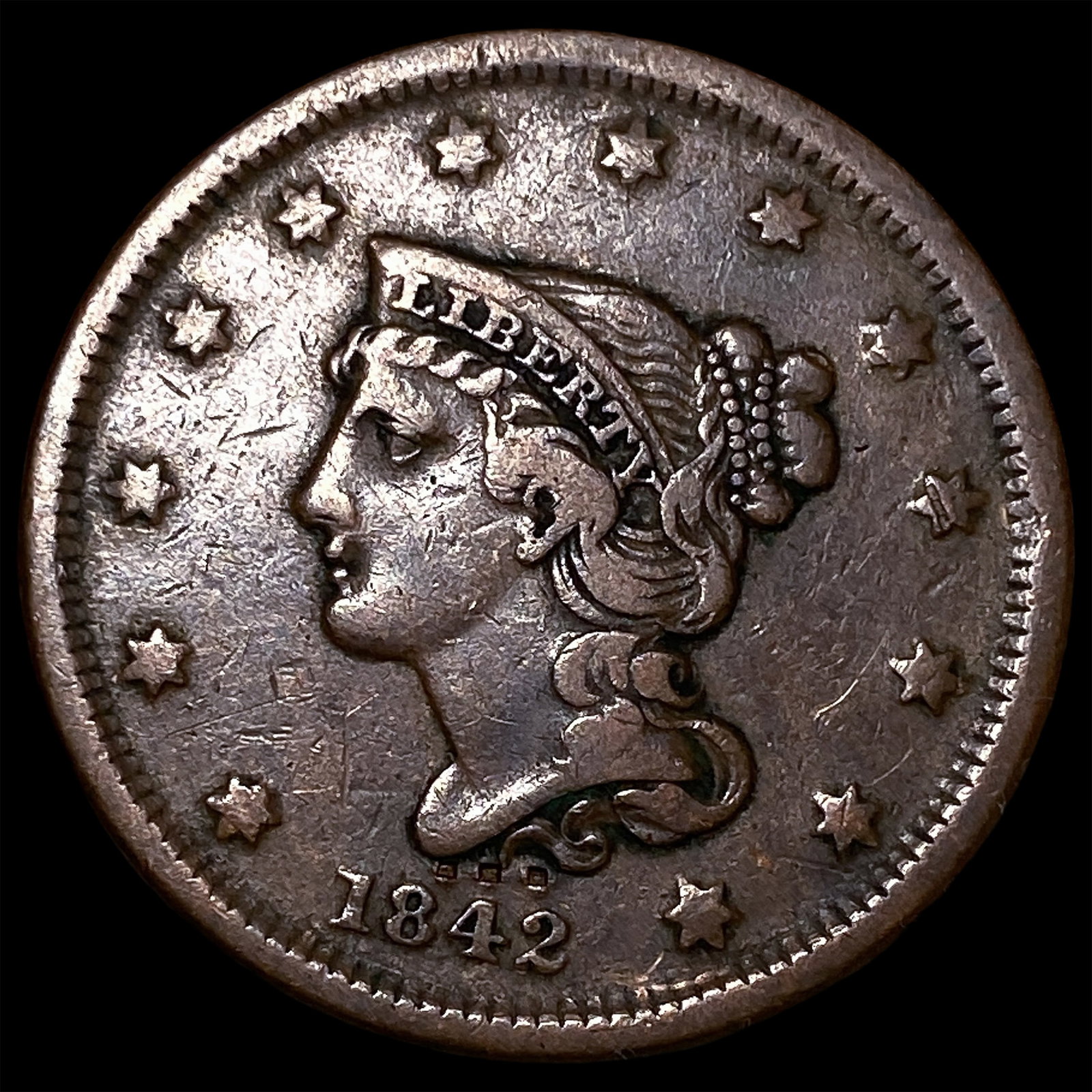 1842 Braided Hair Large Cent NEARLY UNCIRCULATED