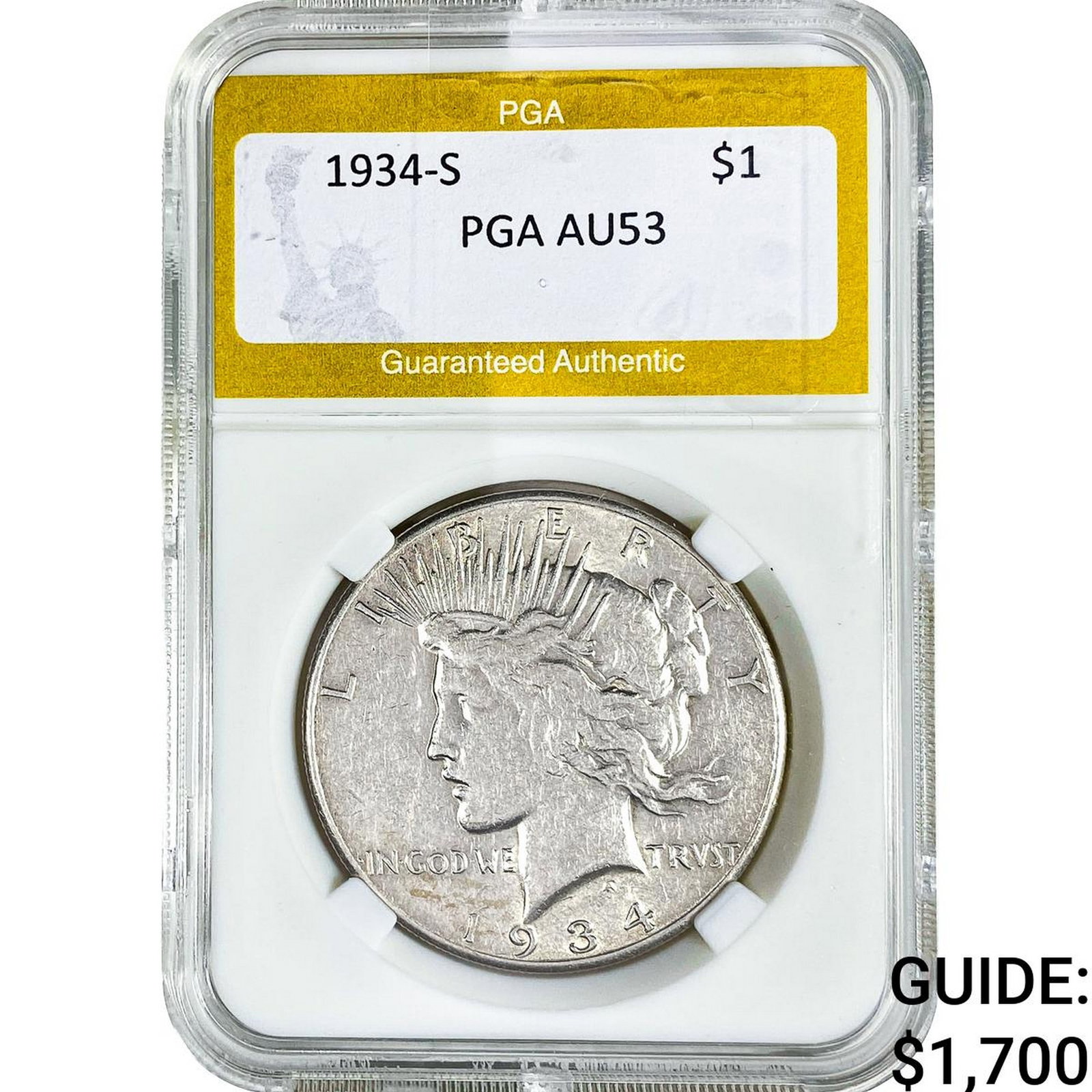 1934-S Silver Peace Dollar PGA AU53: 1934-S Silver Peace Dollar PGA AU53