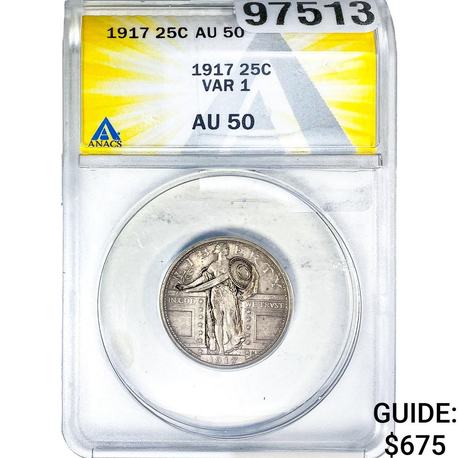 1917 Standing Liberty Quarter ANACS AU50 VAR 1: 1917 Standing Liberty Quarter ANACS AU50 VAR 1