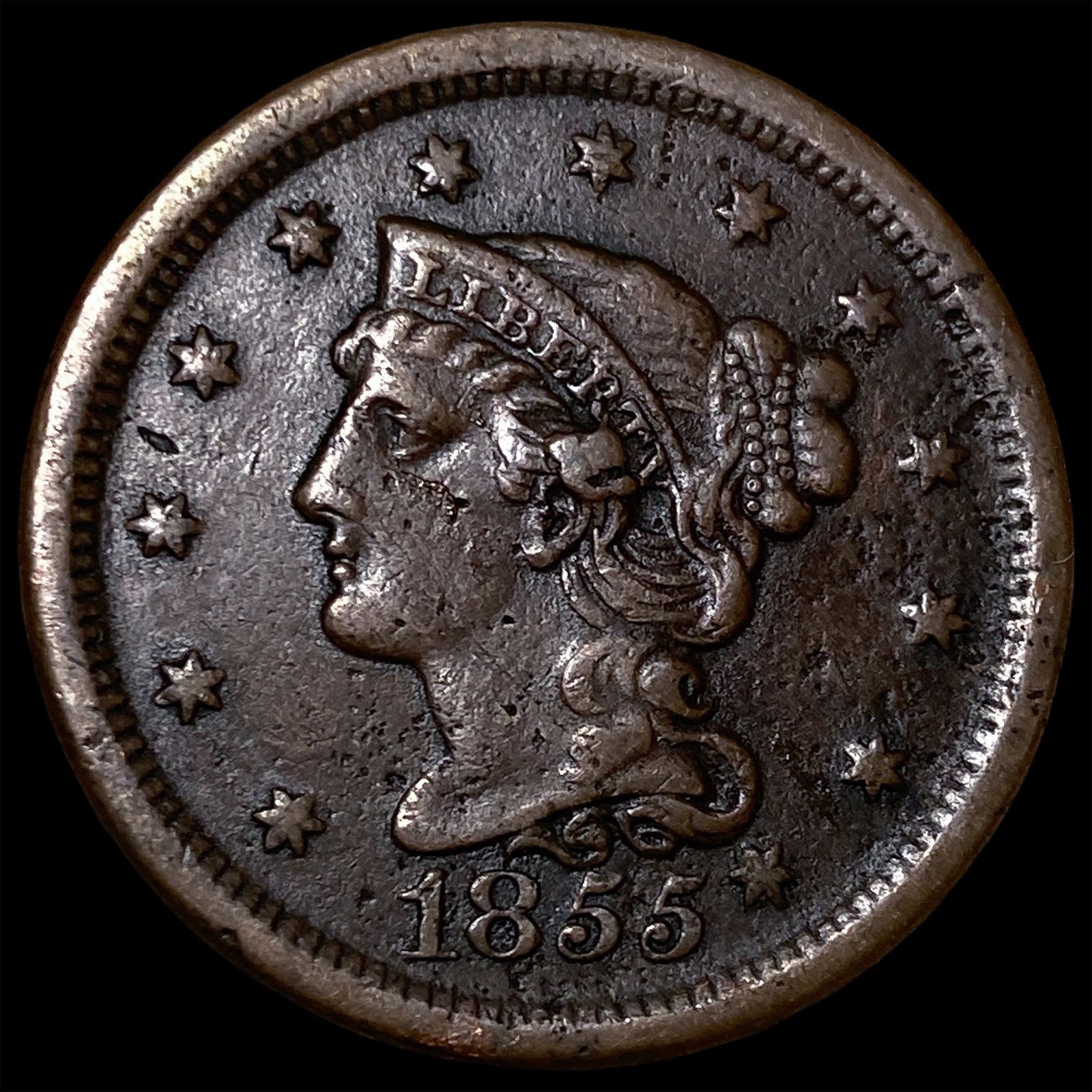 1855 Braided Hair Large Cent NEARLY UNCIRCULATED: 1855 Braided Hair Large Cent NEARLY UNCIRCULATED