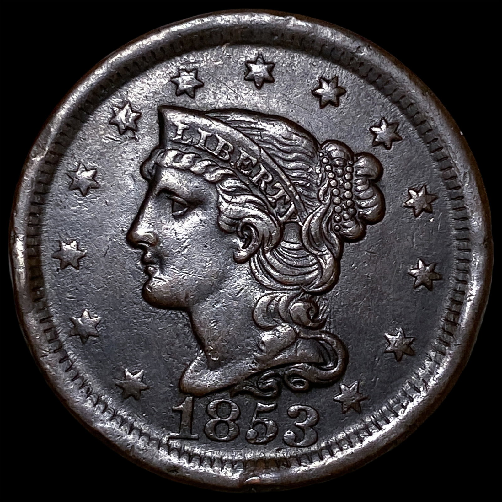 1853 Braided Hair Large Cent CLOSELY UNCIRCULATED: 1853 Braided Hair Large Cent CLOSELY UNCIRCULATED