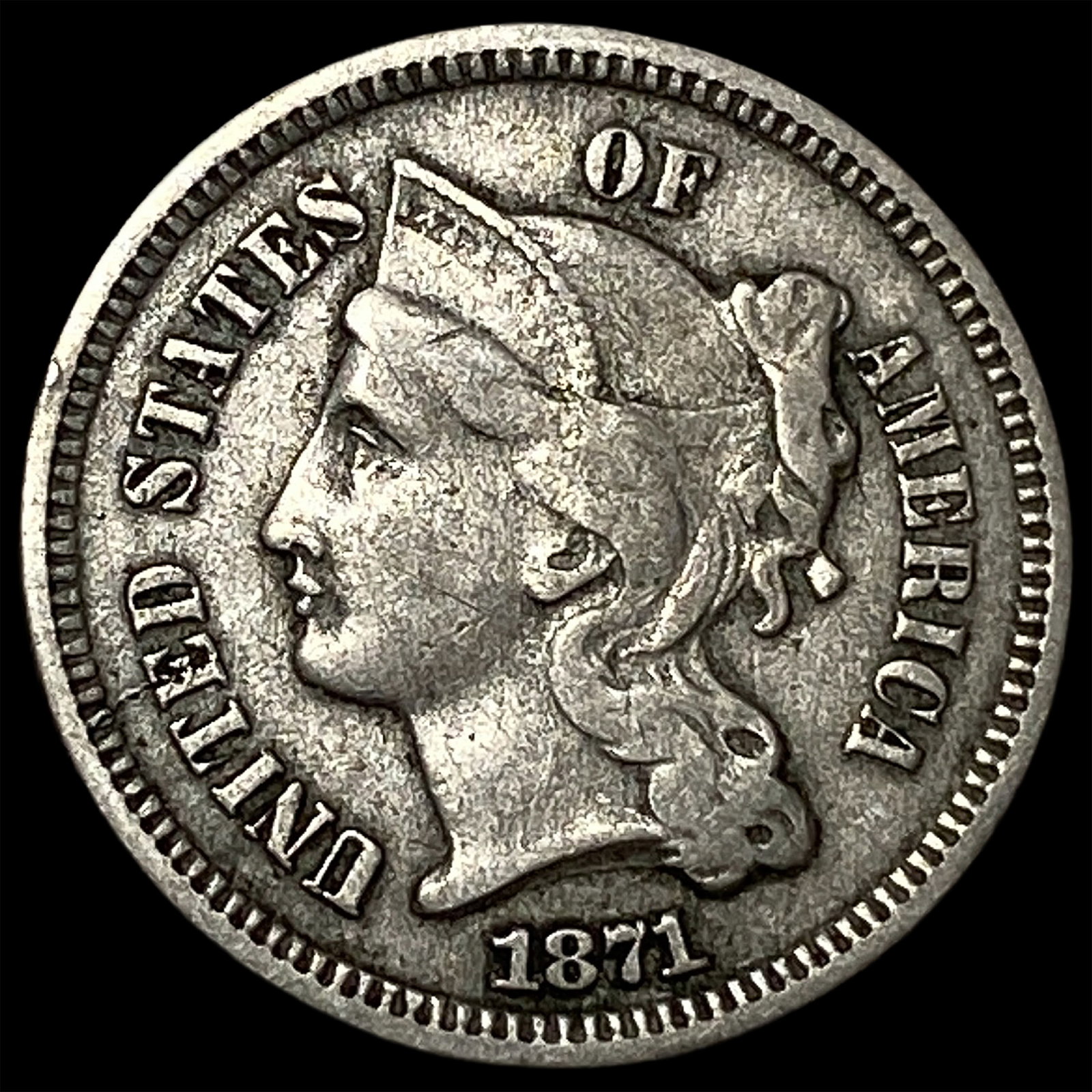 1871 Nickel Three-Cent Piece NEARLY UNCIRCULATED: 1871 Nickel Three-Cent Piece NEARLY UNCIRCULATED