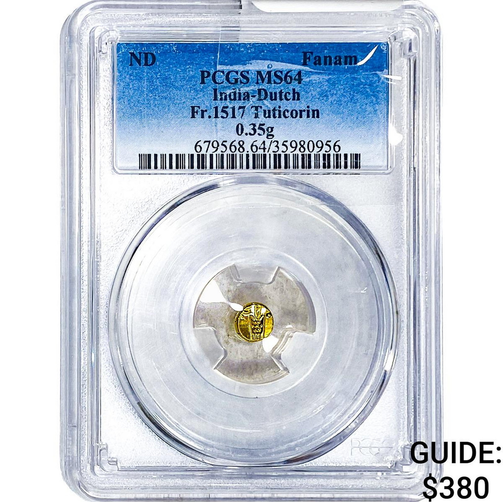 India-Dutch Gold .33g Fanam Fr.1517 Tuticorin PCGS: India-Dutch Gold .33g Fanam Fr.1517 Tuticorin PCGS