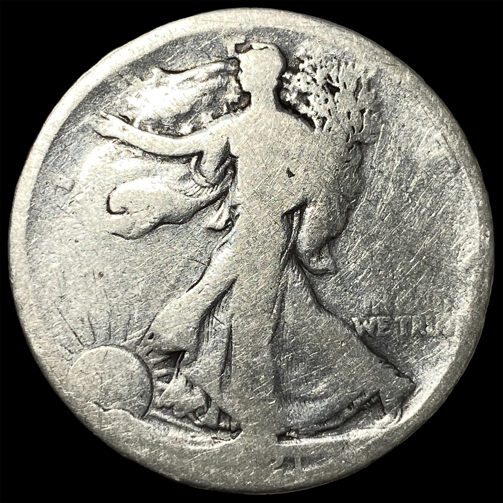 Walking Liberty Half Dollar date and mint mark worn. NICELY CIRCULATED: Walking Liberty Half Dollar date and mint mark worn. NICELY CIRCULATED