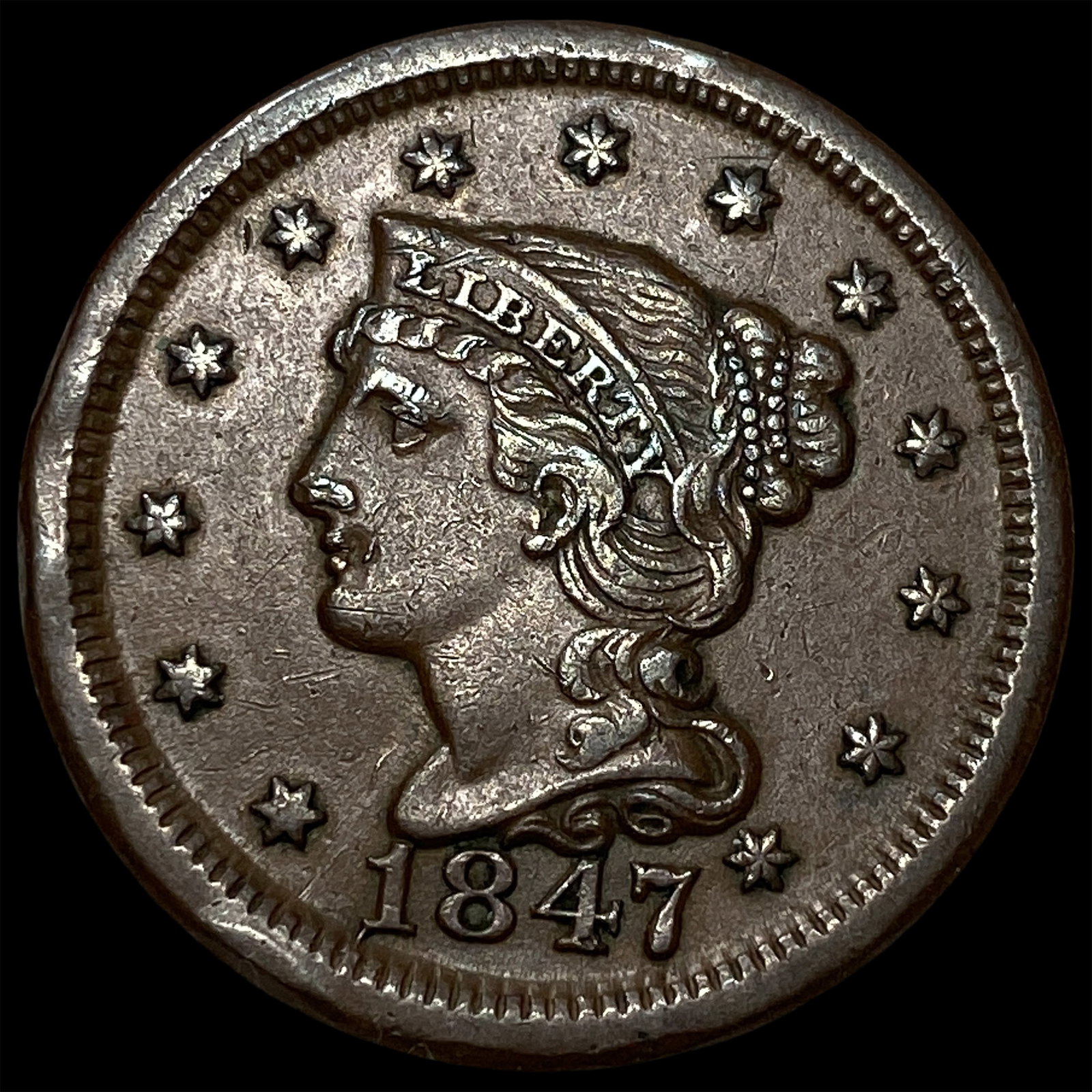 1847 Braided Hair Large Cent CLOSELY UNCIRCULATED: 1847 Braided Hair Large Cent CLOSELY UNCIRCULATED