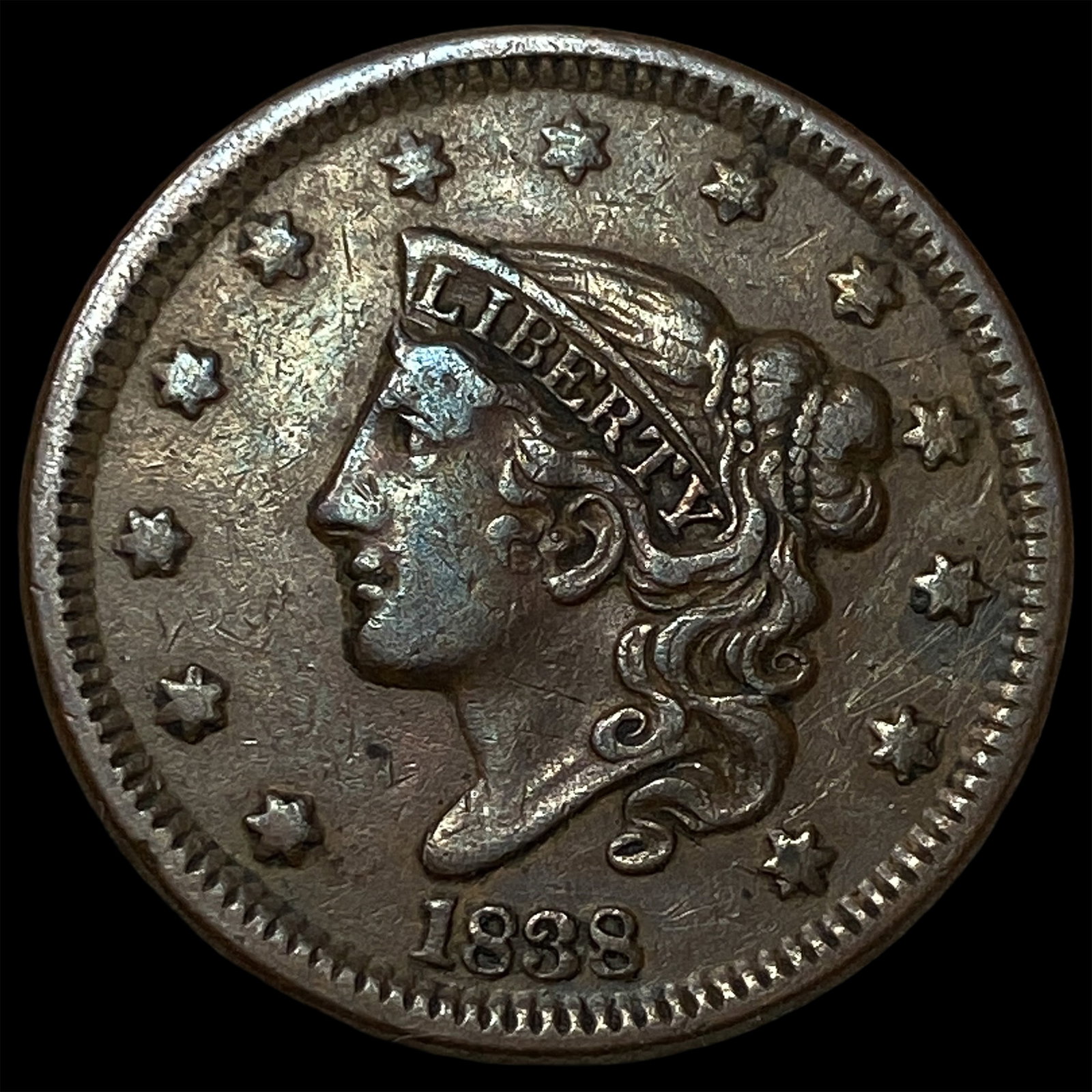 1838 Coronet Head Large Cent CLOSELY UNCIRCULATED: 1838 Coronet Head Large Cent CLOSELY UNCIRCULATED