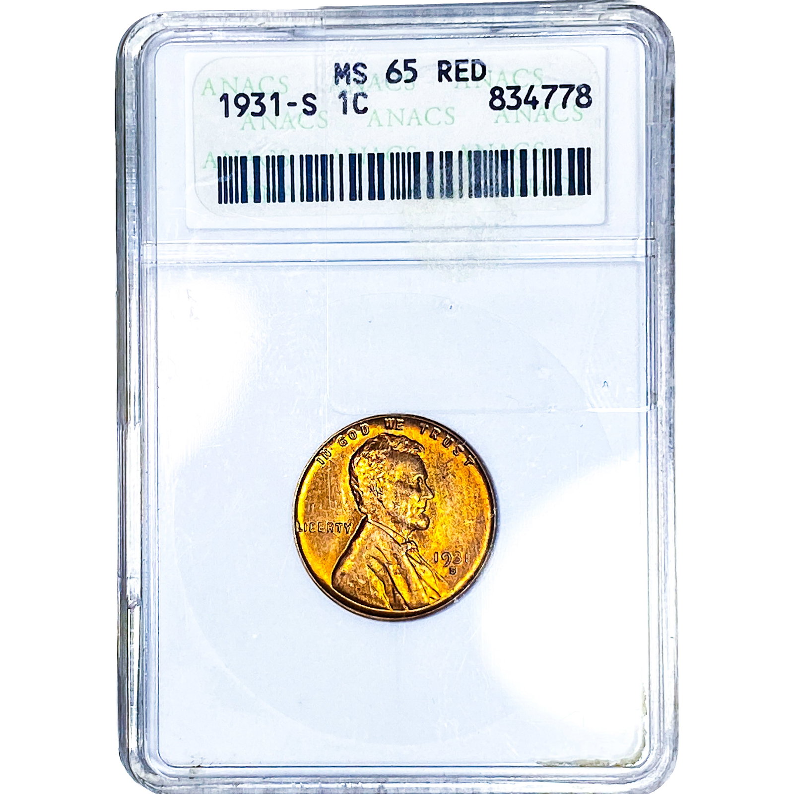 1931-S Wheat Cent ANACS MS65 Red: 1931-S Wheat Cent ANACS MS65 Red