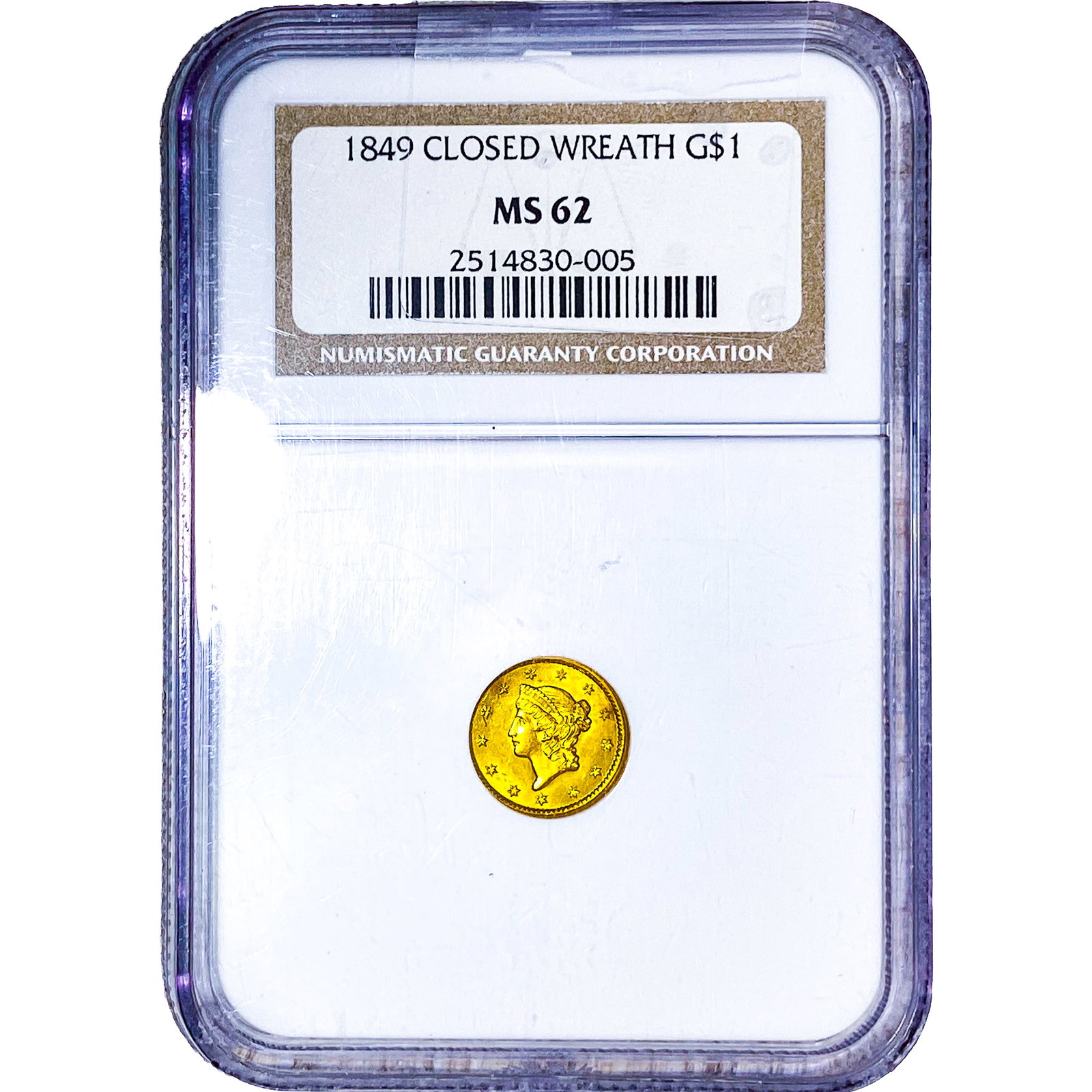 1849 Rare Gold Dollar NGC MS62 Closed Wreath: 1849 Rare Gold Dollar NGC MS62 Closed Wreath