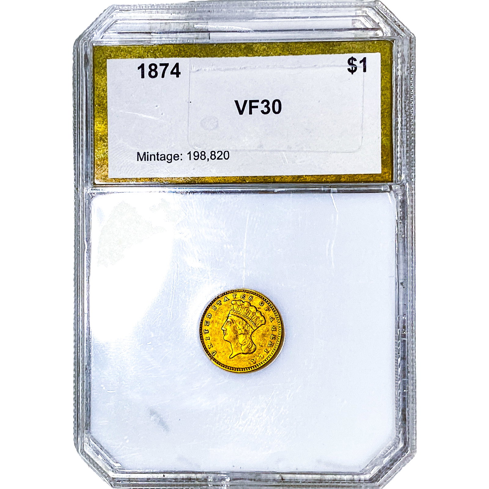 1874 Rare Gold Dollar PCI VF30: 1874 Rare Gold Dollar PCI VF30