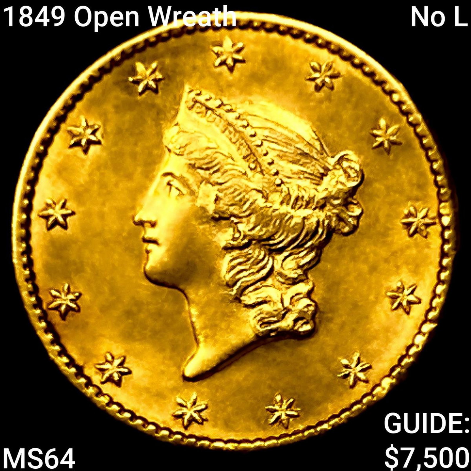 1849 Open Wreath, No L Rare Gold Dollar CHOICE BU: 1849 Open Wreath, No L Rare Gold Dollar CHOICE BU