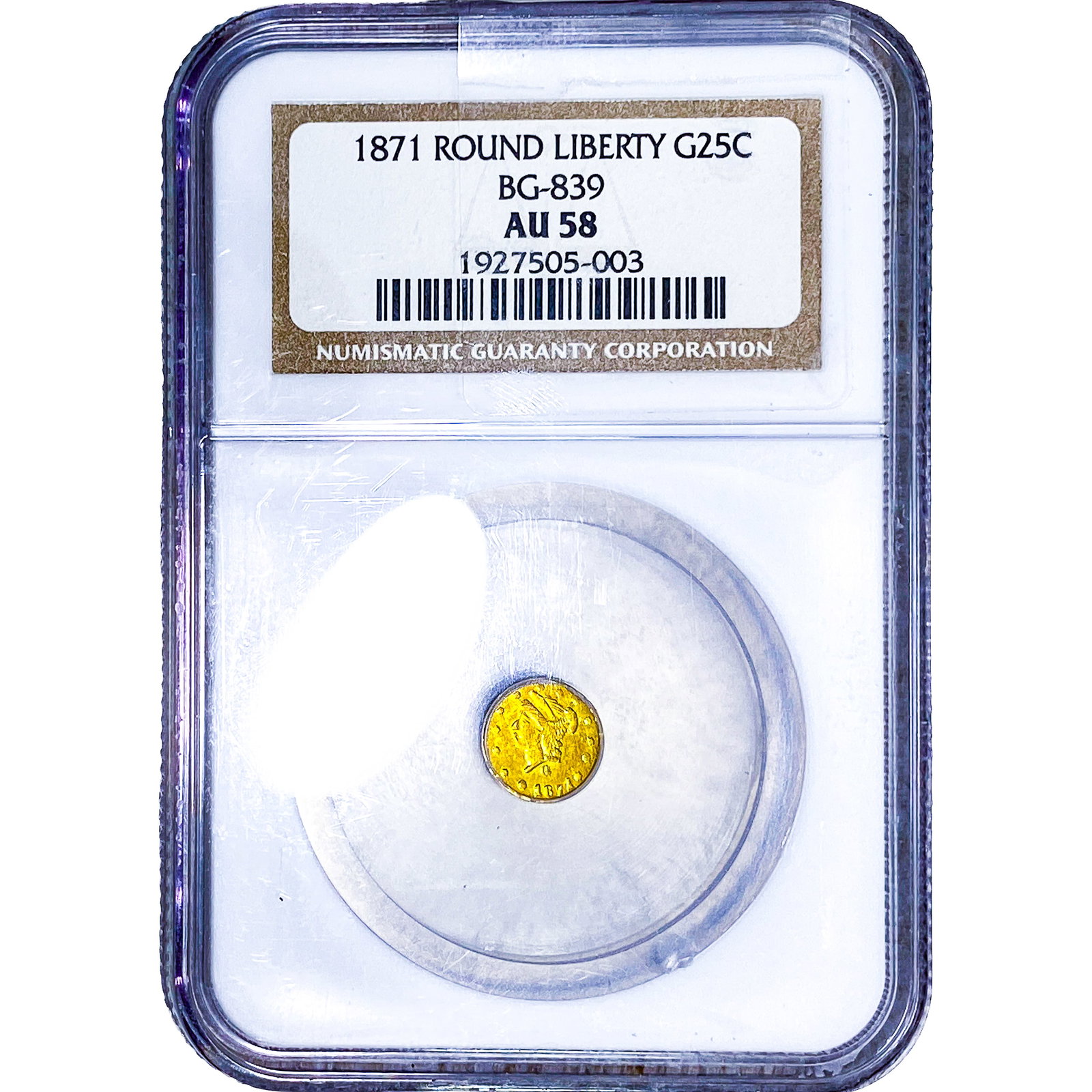 1871 Round California Gold Quarter NGC AU58 BG-839: 1871 Round California Gold Quarter NGC AU58 BG-839