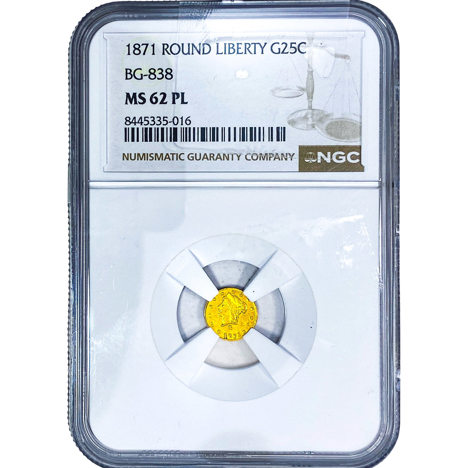 1871 Round California Gold Quarter NGC MS62 PL BG-838: 1871 Round California Gold Quarter NGC MS62 PL BG-838