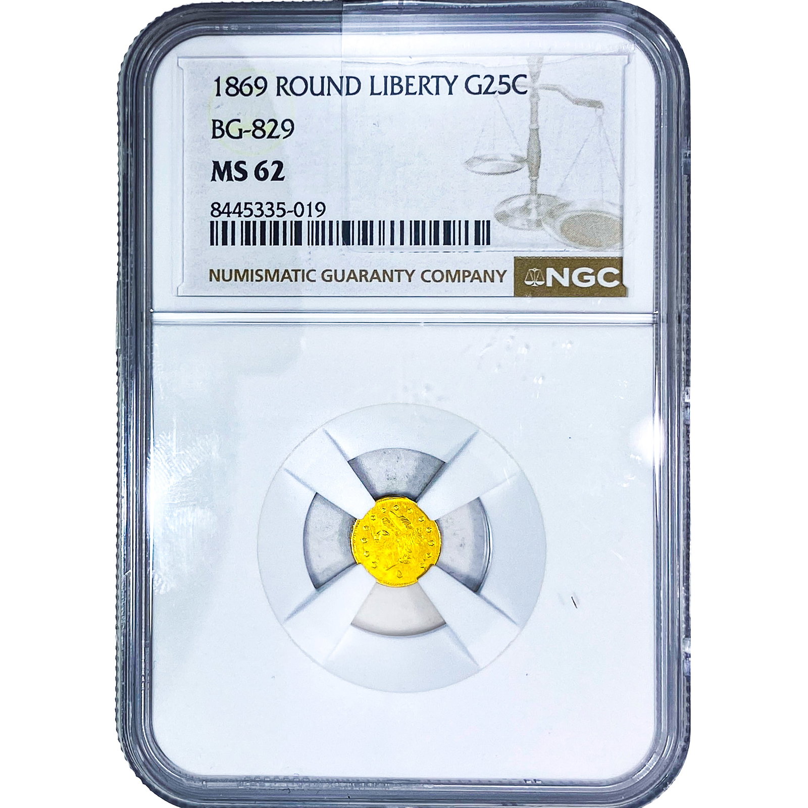 1869 Round California Gold Quarter NGC MS62 BG-829: 1869 Round California Gold Quarter NGC MS62 BG-829