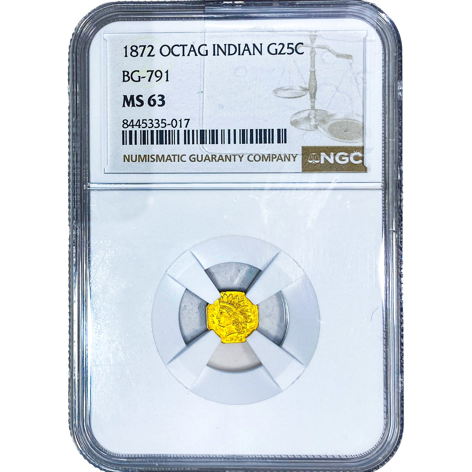 1872 Octagonal California Gold Quarter NGC MS63 BG-791: 1872 Octagonal California Gold Quarter NGC MS63 BG-791