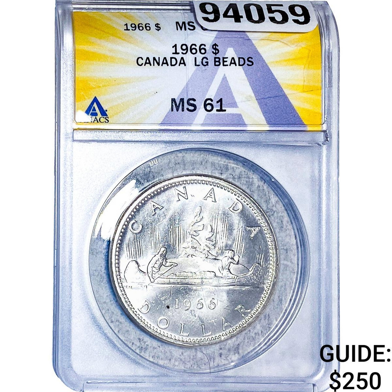 1966 Canada Silver Dollar Large Beads ANACS MS61: 1966 Canada Silver Dollar Large Beads ANACS MS61