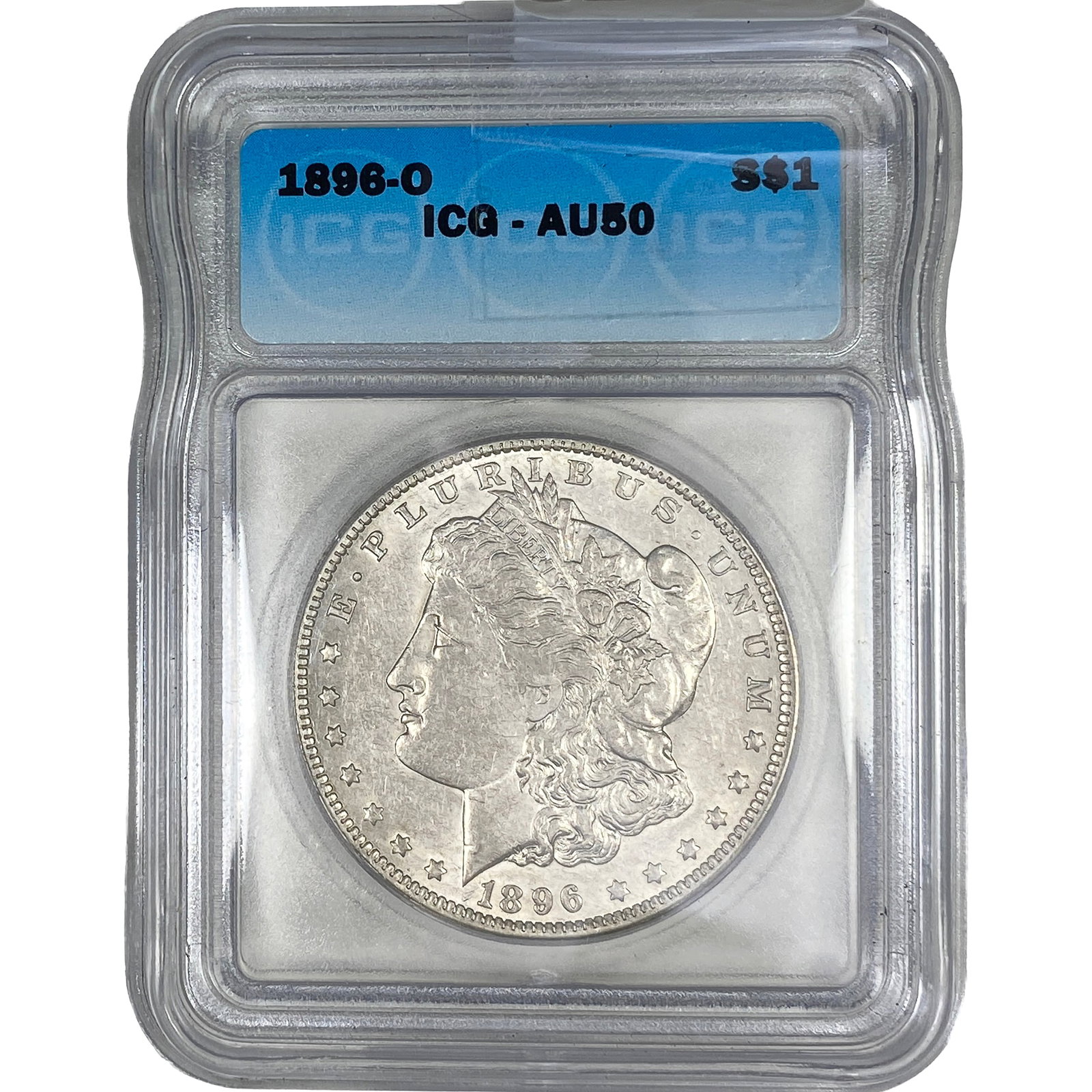 1896-O Morgan Silver Dollar ICG AU50: 1896-O Morgan Silver Dollar ICG AU50
