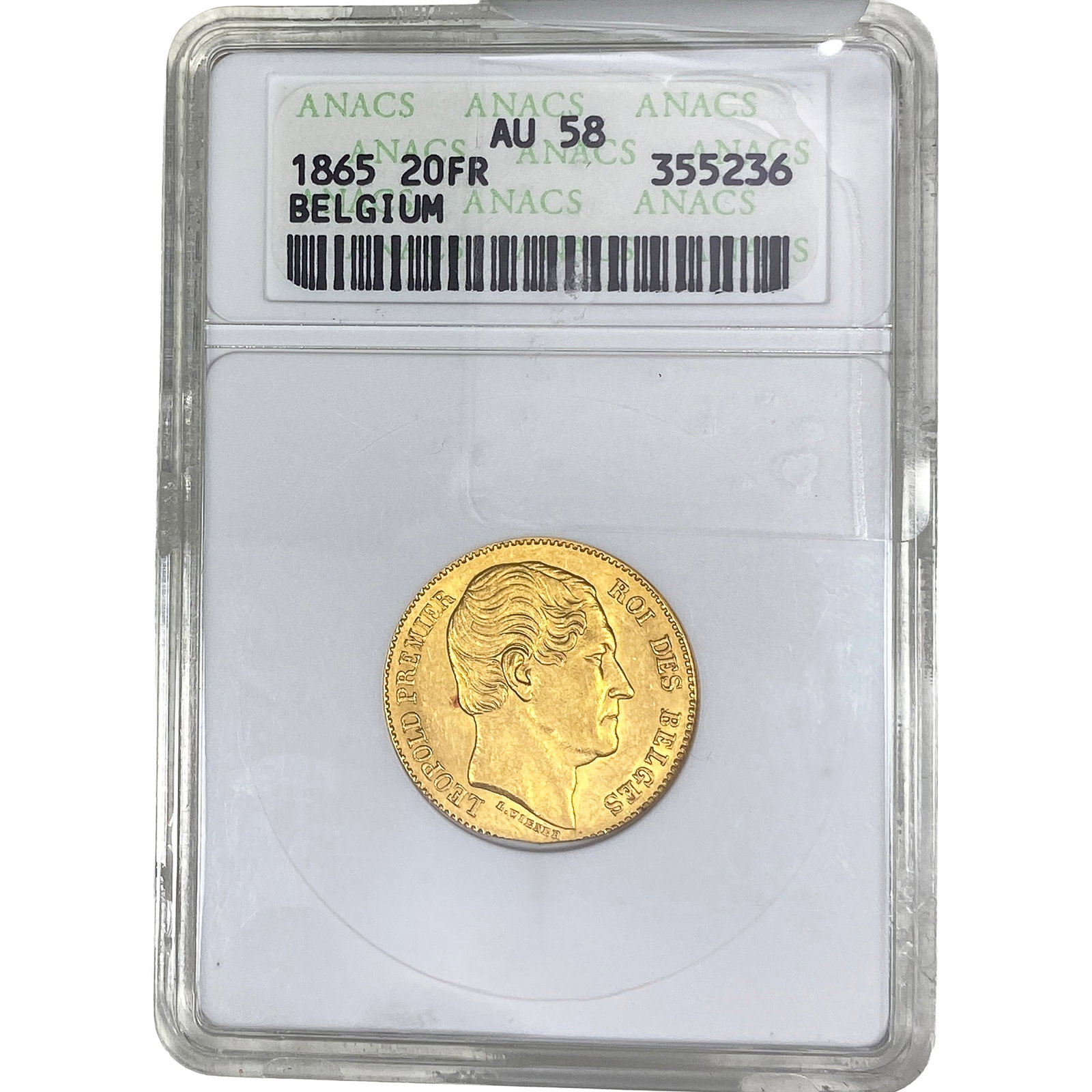 1865 Belgium Gold 20 Francs ANACS AU58: 1865 Belgium Gold 20 Francs ANACS AU58