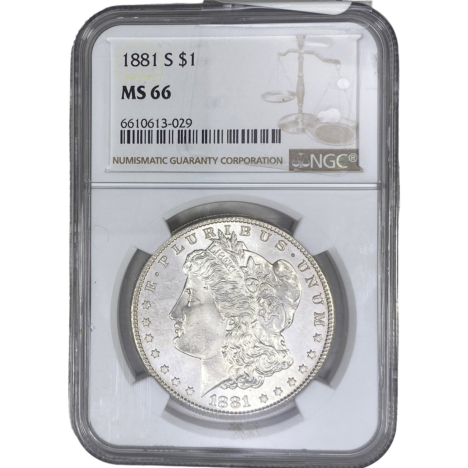 1881-S Morgan Silver Dollar NGC MS66: 1881-S Morgan Silver Dollar NGC MS66