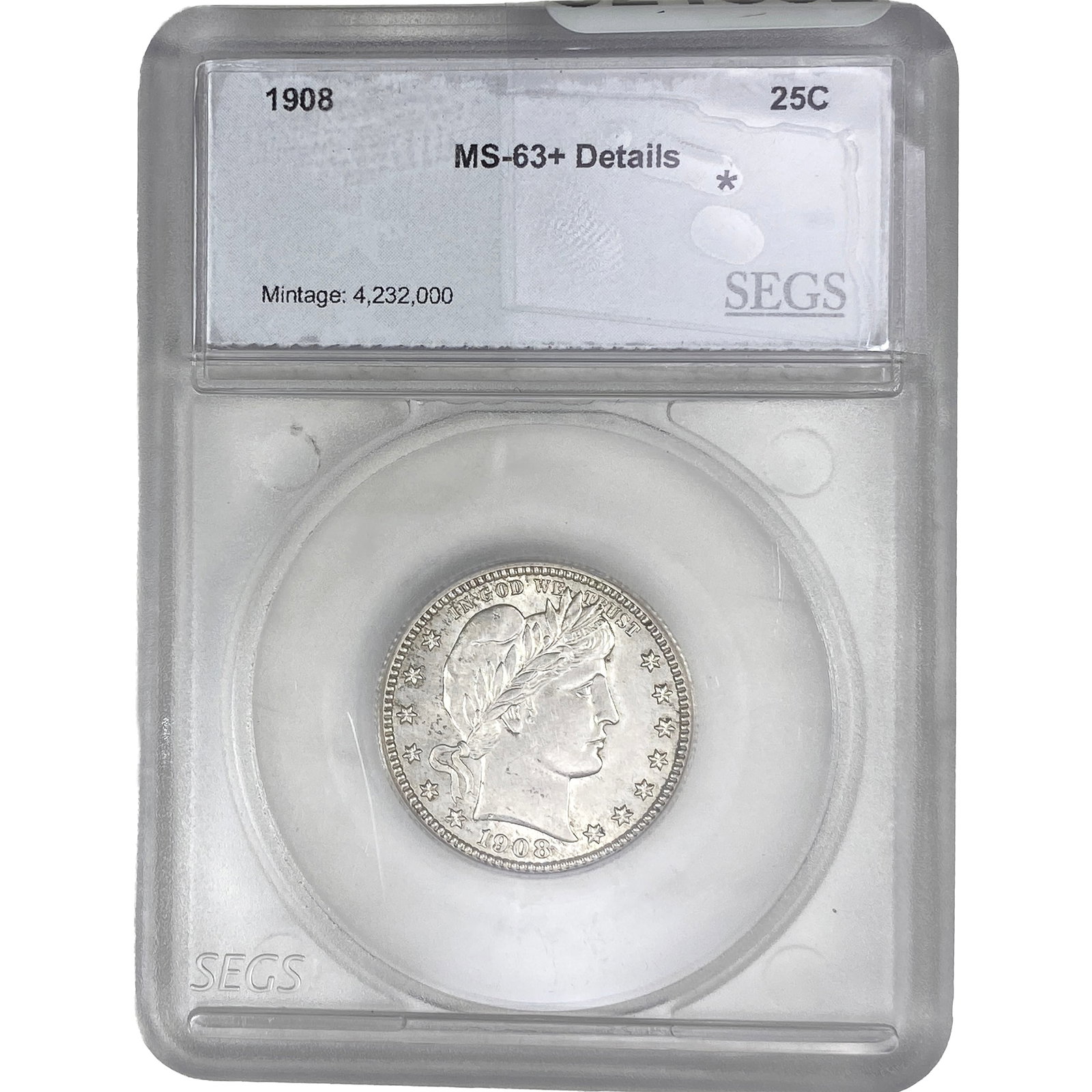 1908 Barber Quarter SEGS MS63+ Details (1 of 2)