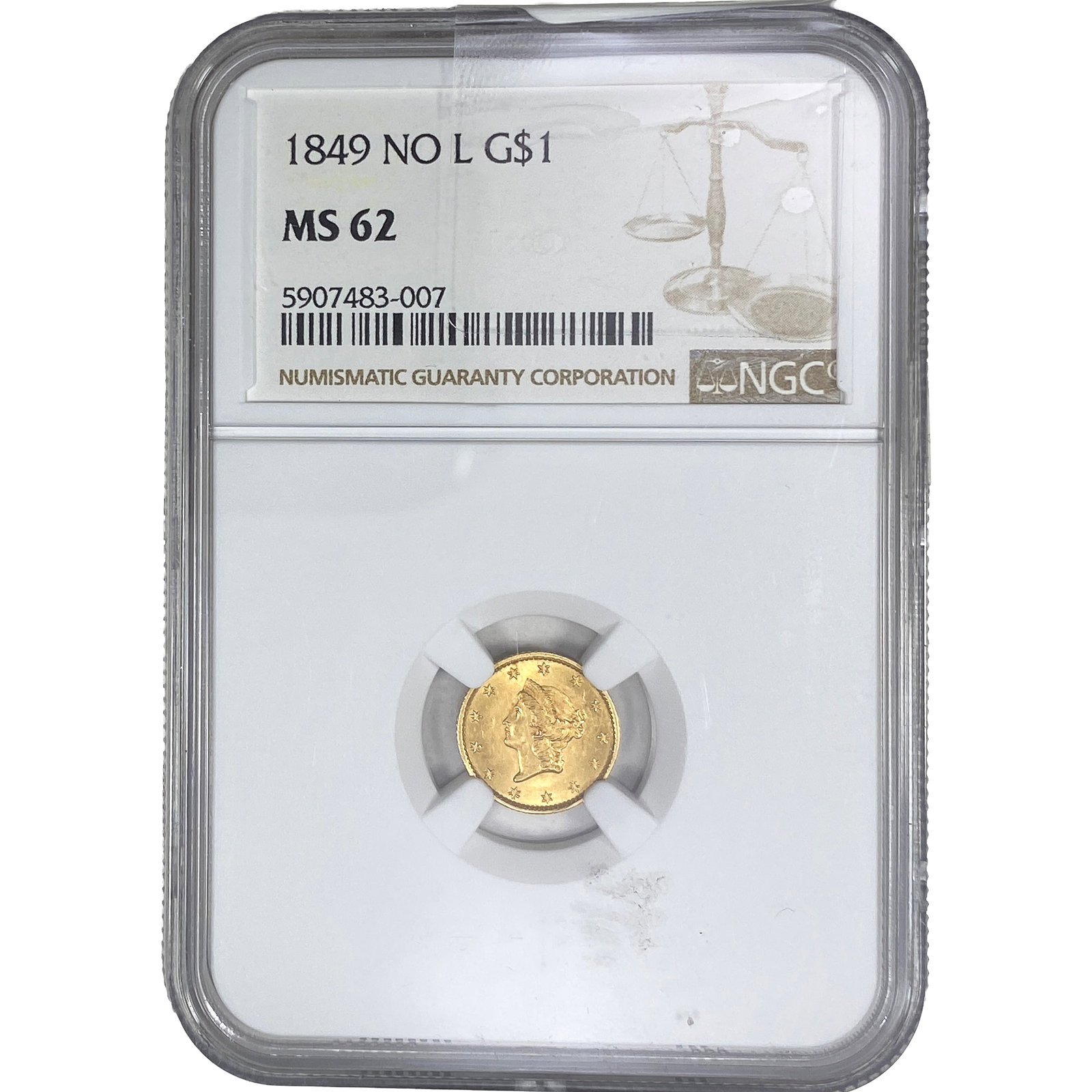 1849 Rare Gold Dollar NGC MS62 No L: 1849 Rare Gold Dollar NGC MS62 No L