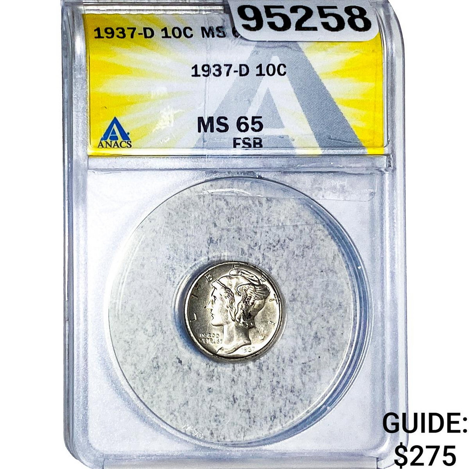 1937-D Mercury Silver Dime ANACS MS65 FSB: 1937-D Mercury Silver Dime ANACS MS65 FSB