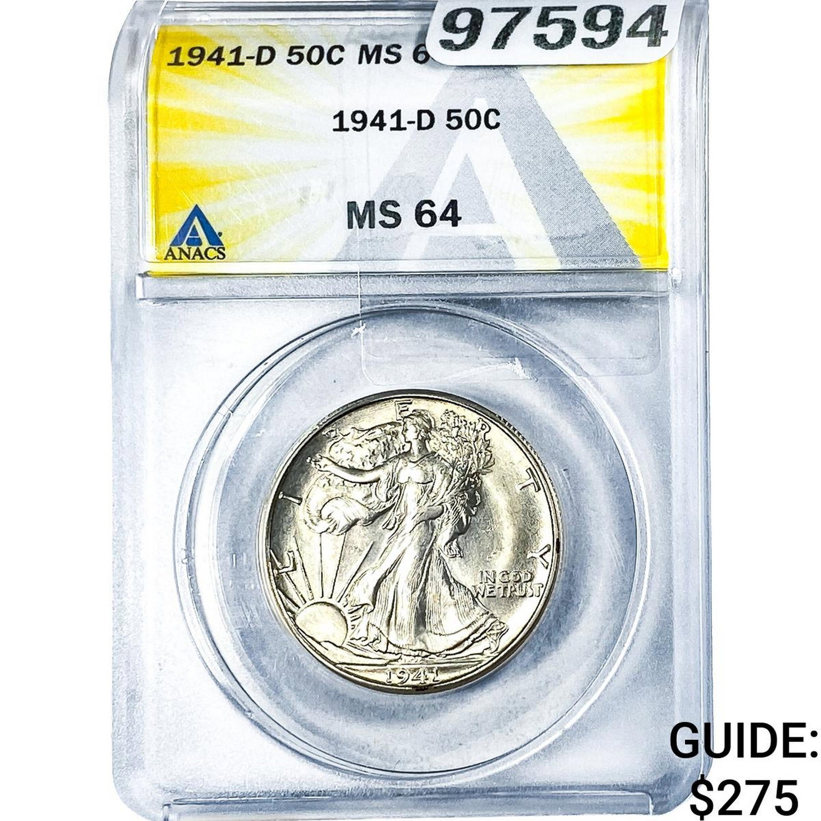 1941-D Walking Liberty Half Dollar ANACS MS64: 1941-D Walking Liberty Half Dollar ANACS MS64