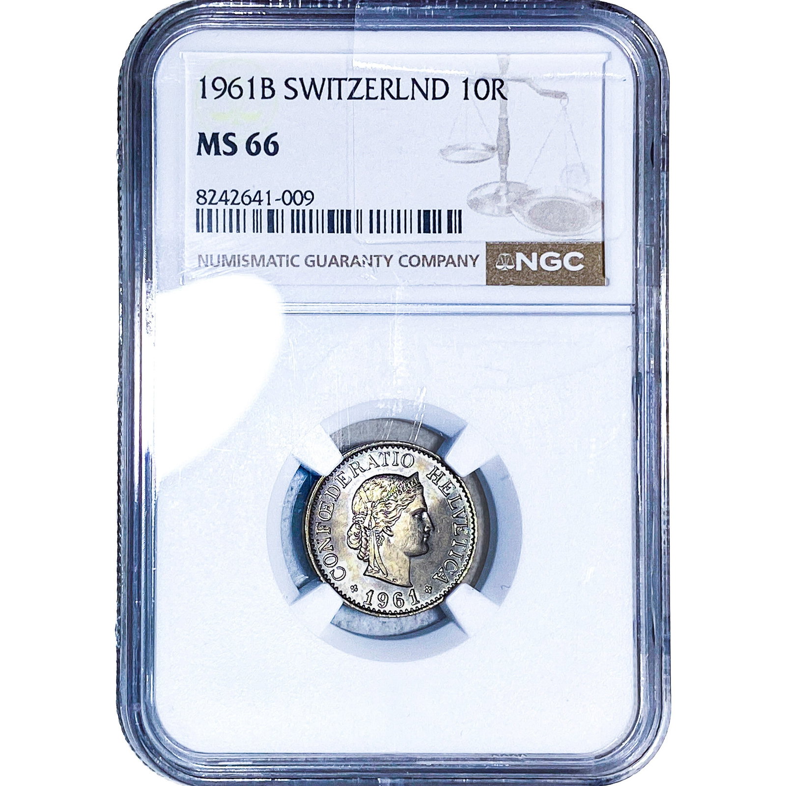 1961B Switzerland Copper Nickel 10 Rappen NGC MS66: 1961B Switzerland Copper Nickel 10 Rappen NGC MS66