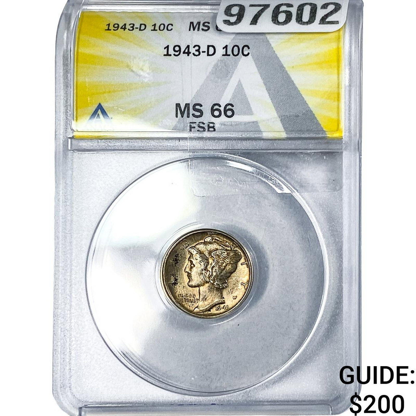 1943-D Mercury Silver Dime ANACS MS66 FSB: 1943-D Mercury Silver Dime ANACS MS66 FSB