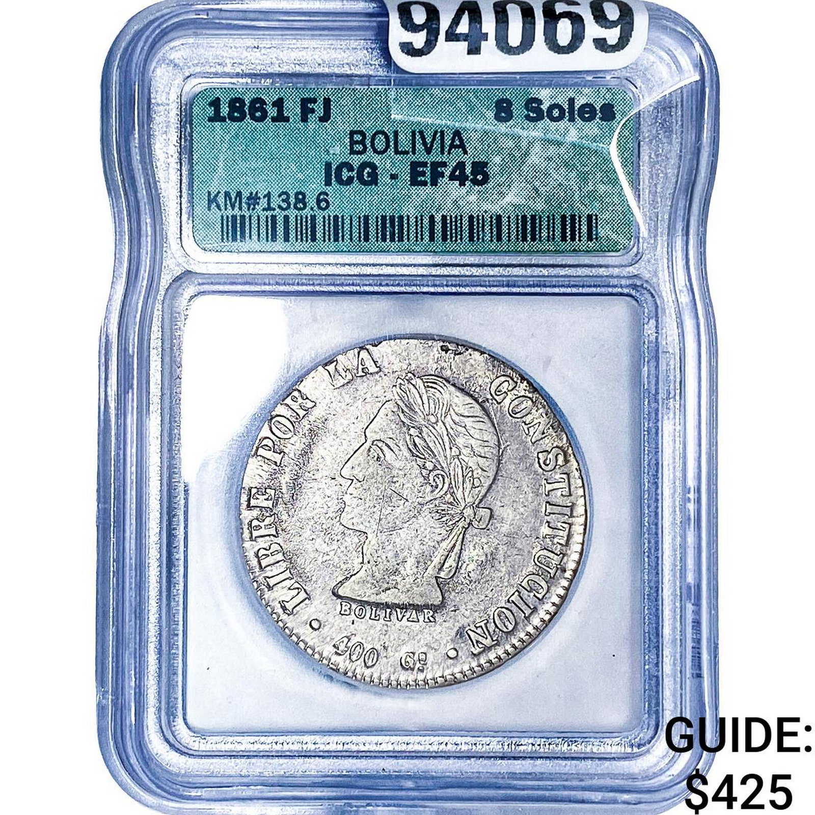 1861 FJ Bolivia Silver 8 Soles ICG EF45: 1861 FJ Bolivia Silver 8 Soles ICG EF45