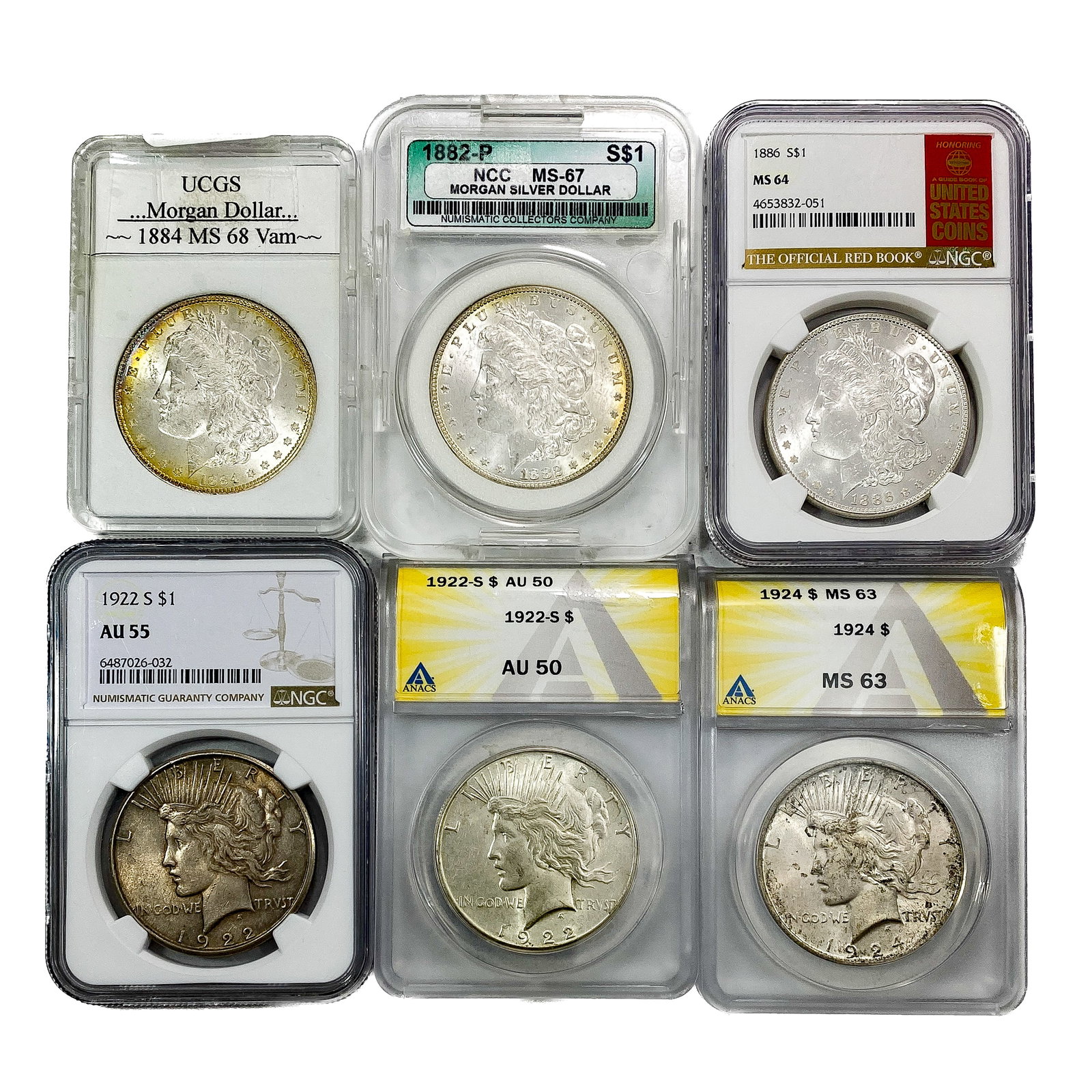 [6] 1882-1924 Morgan and Peace Silver Dollar Lot: [6] 1882-1924 Morgan and Peace Silver Dollar Lot