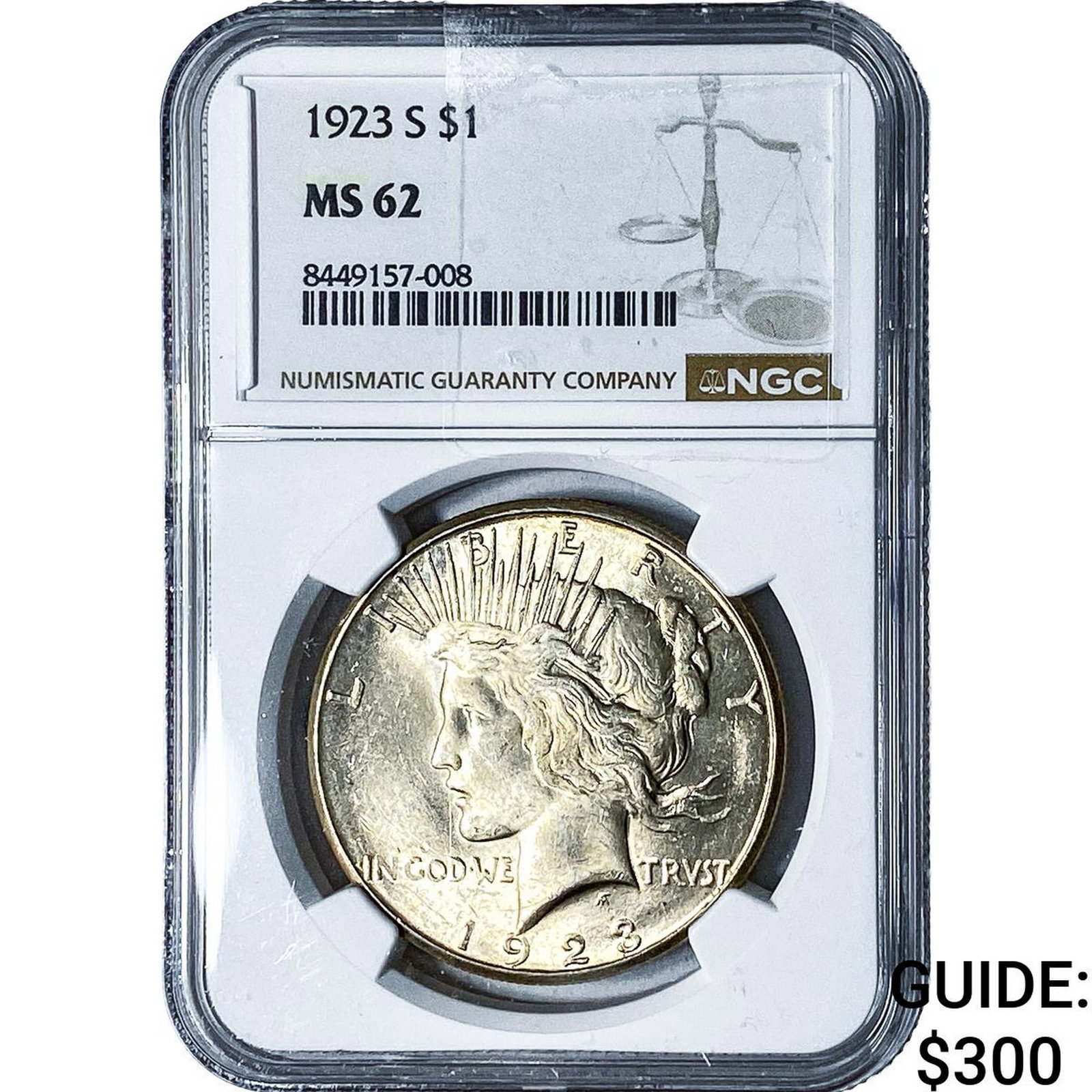 1923-S Silver Peace Dollar NGC MS62: 1923-S Silver Peace Dollar NGC MS62