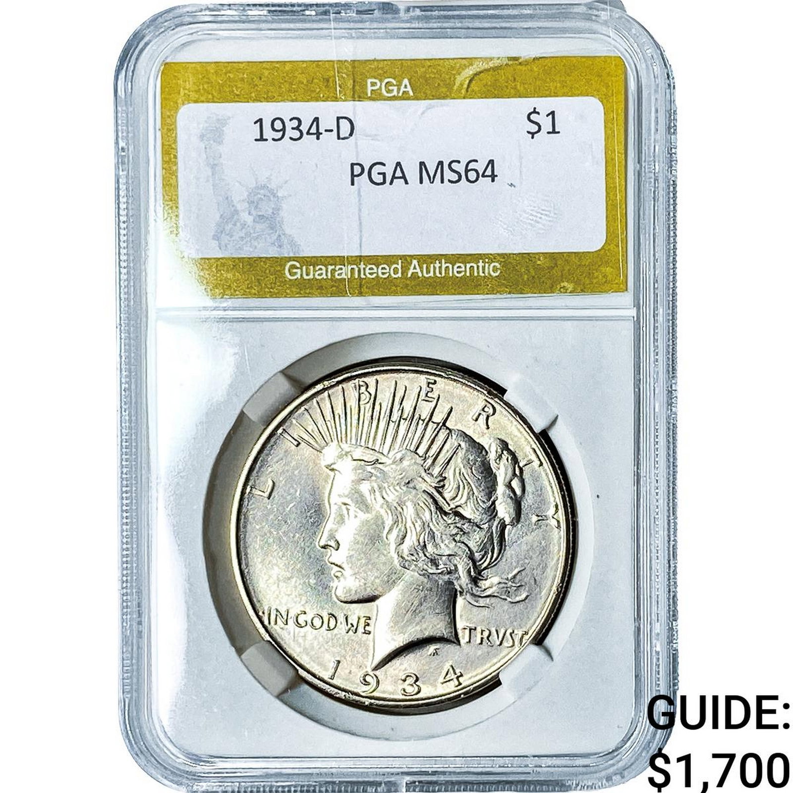 1934-D Silver Peace Dollar PGA MS64: 1934-D Silver Peace Dollar PGA MS64