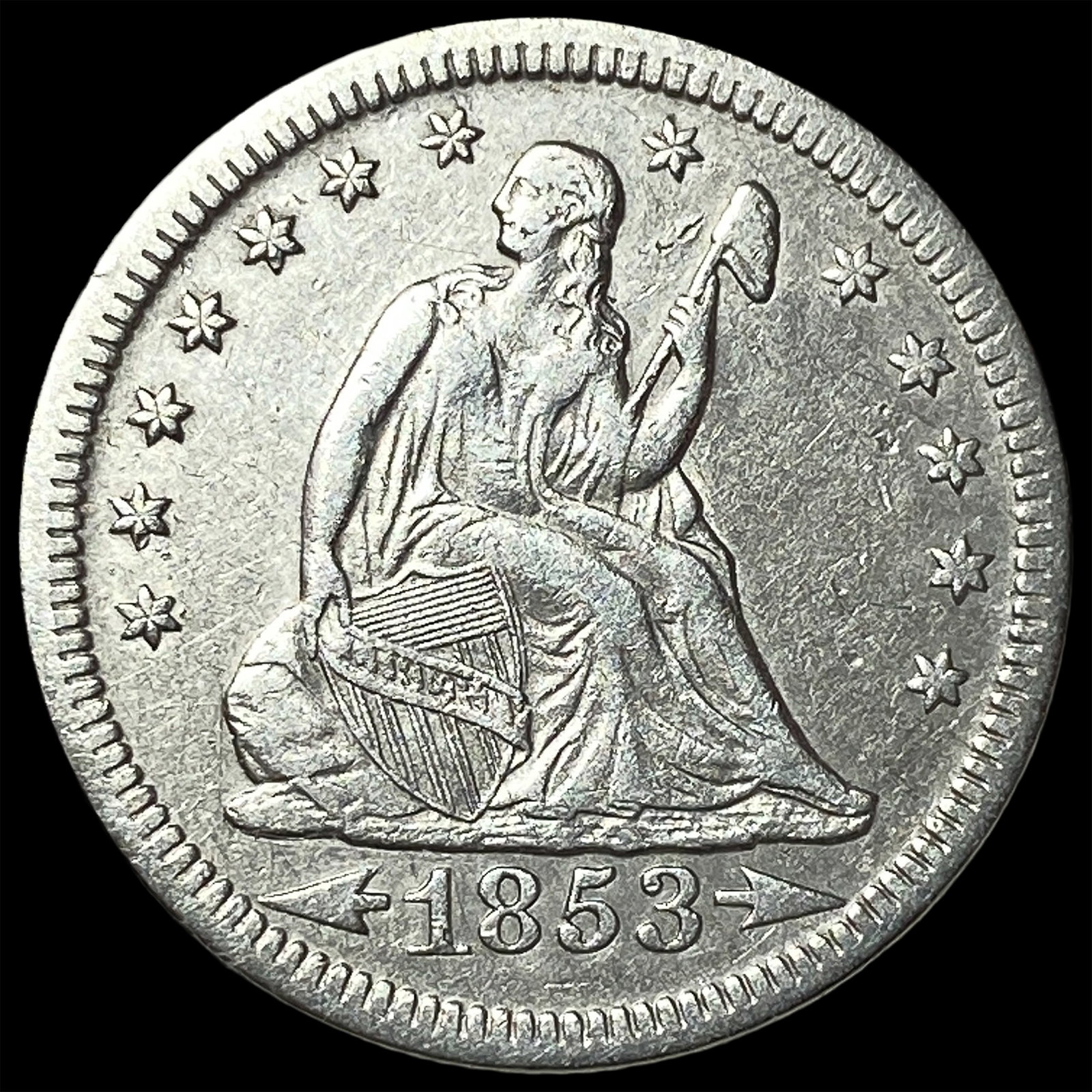 1853 Arrows Seated Liberty Quarter CLOSELY UNCIRCULATED: 1853 Arrows Seated Liberty Quarter CLOSELY UNCIRCULATED