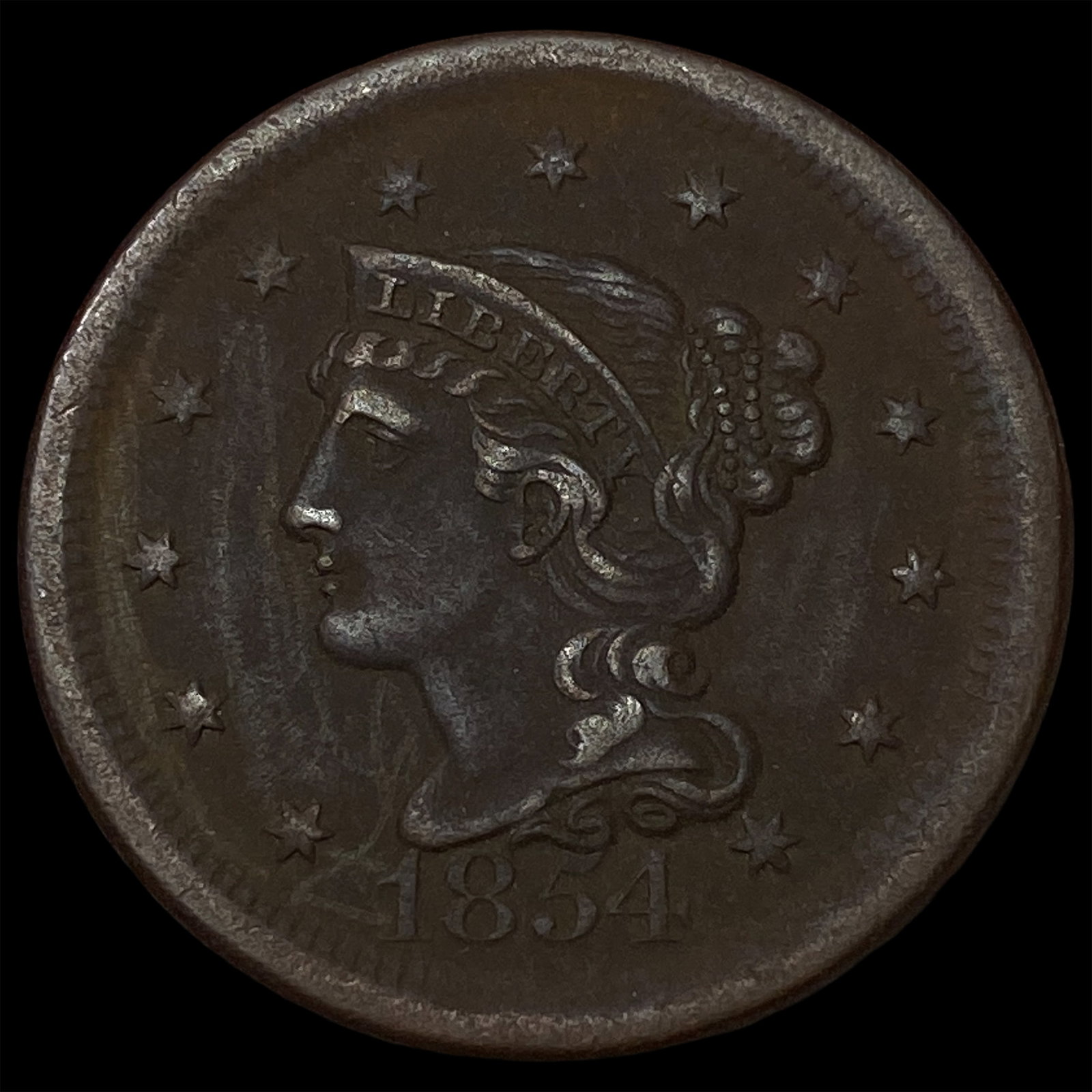 1854 Braided Hair Large Cent CLOSELY UNCIRCULATED: 1854 Braided Hair Large Cent CLOSELY UNCIRCULATED