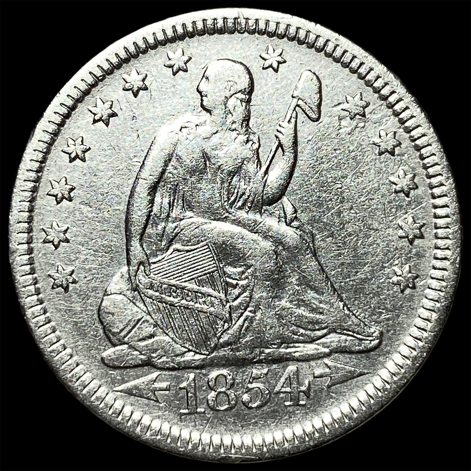 1854 Arrows Seated Liberty Silver Quarter CLOSELY UNCIRCULATED: 1854 Arrows Seated Liberty Silver Quarter CLOSELY UNCIRCULATED