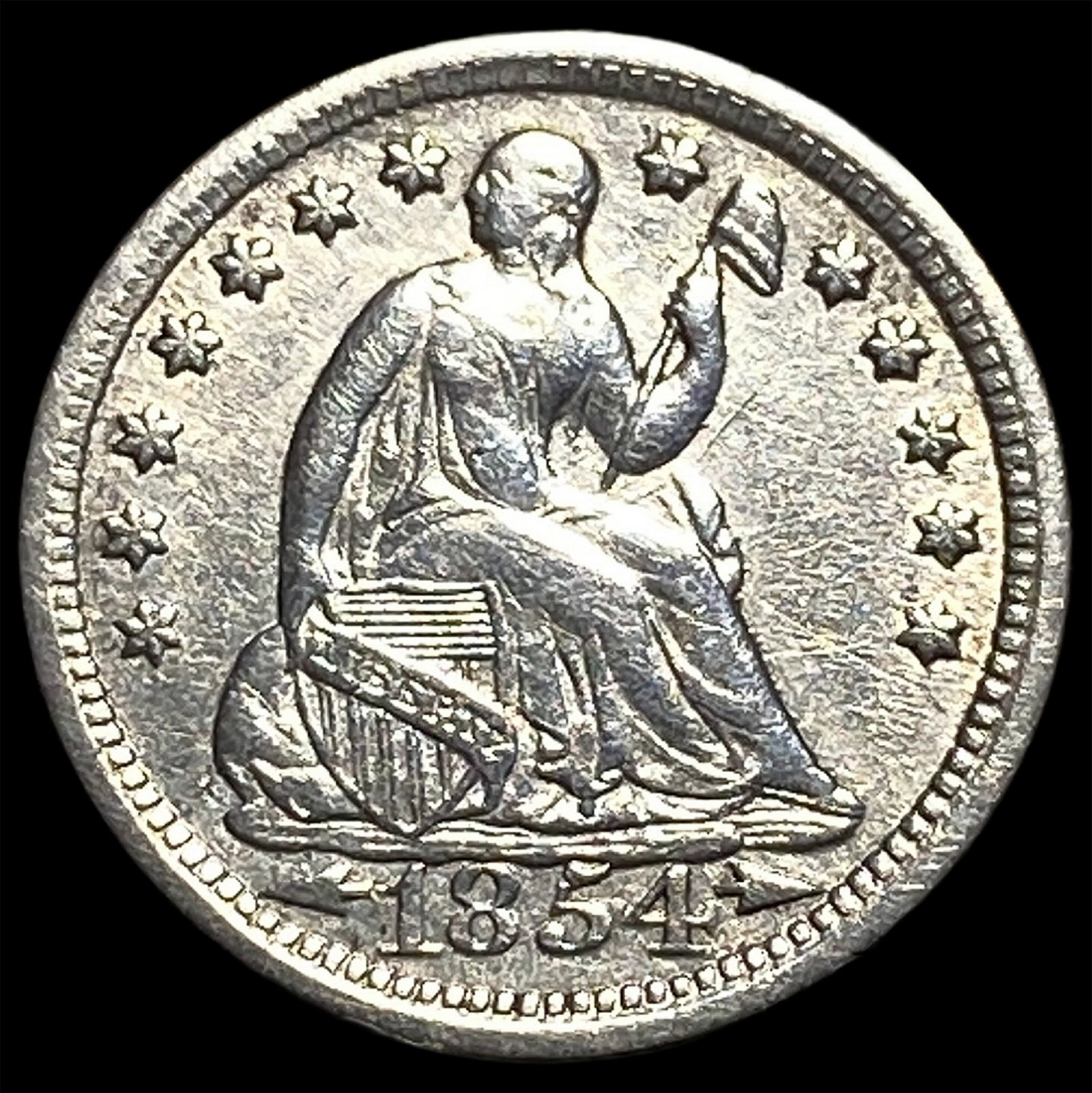 1854 Arrows Seated Liberty Half Dime NEARLY UNCIRCULATED: 1854 Arrows Seated Liberty Half Dime NEARLY UNCIRCULATED