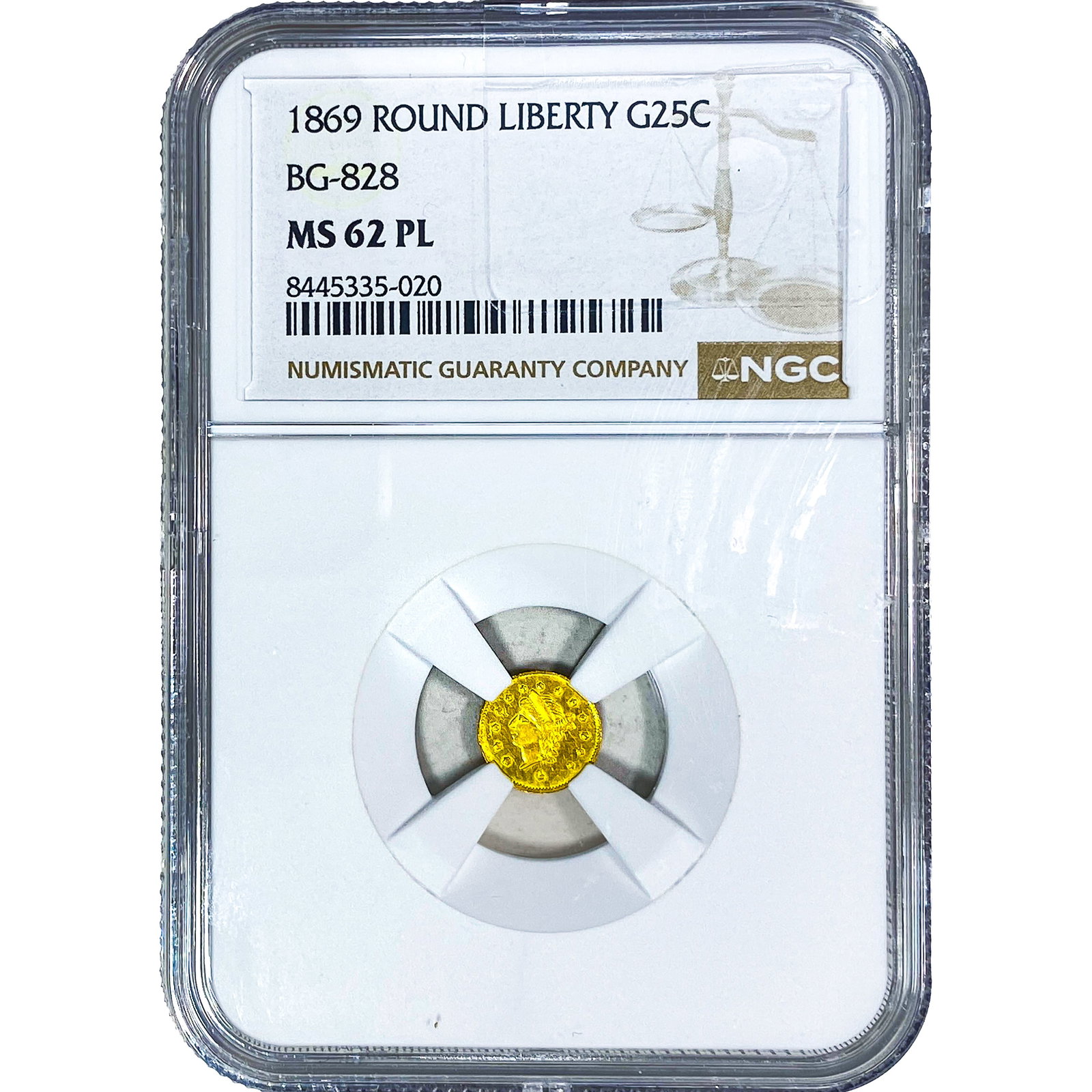 1869 Round California Gold Quarter NGC MS62 PL BG-828: 1869 Round California Gold Quarter NGC MS62 PL BG-828