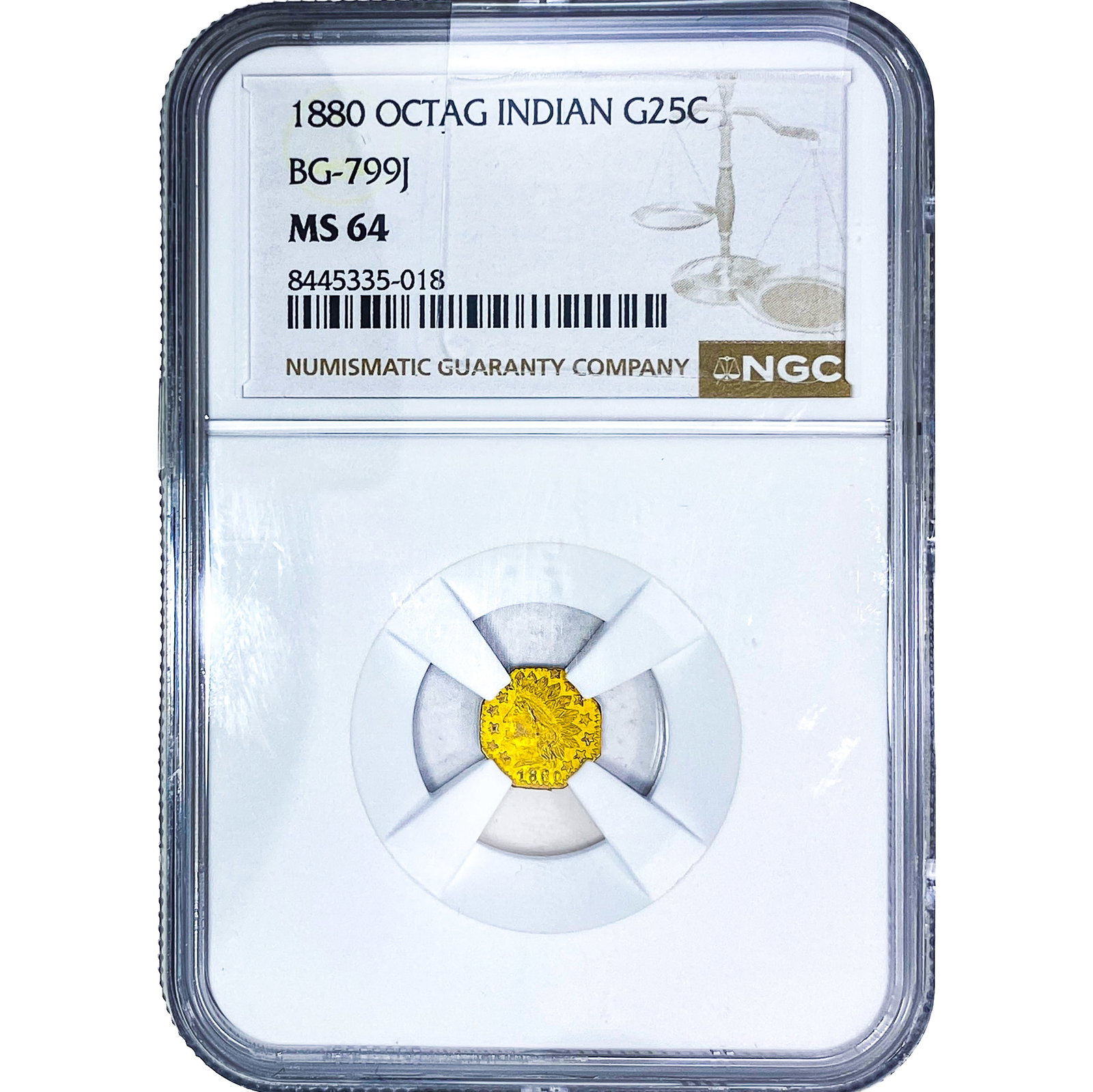 1880 Octagonal California Gold Quarter NGC MS64 BG-799J: 1880 Octagonal California Gold Quarter NGC MS64 BG-799J