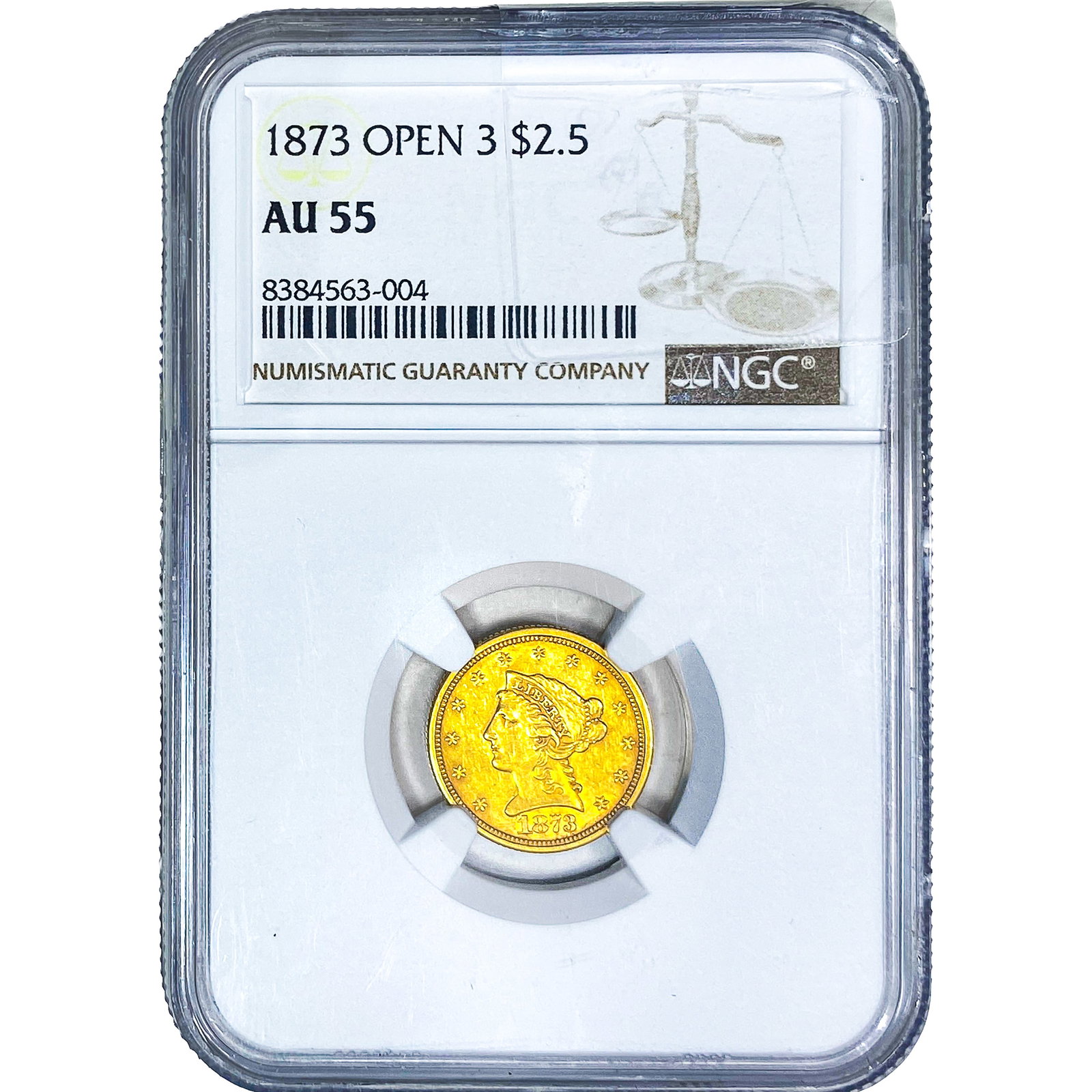 1873 $2.50 Gold Quarter Eagle NGC AU55 Open 3: 1873 $2.50 Gold Quarter Eagle NGC AU55 Open 3